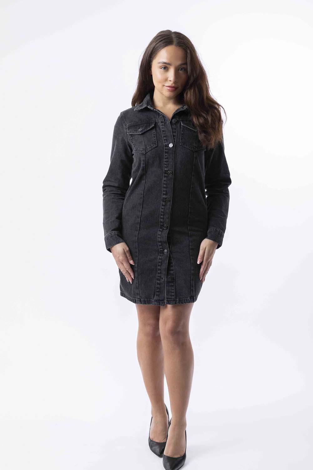 Button Down Thick Denim Short A-Line Dress-SinglePrice