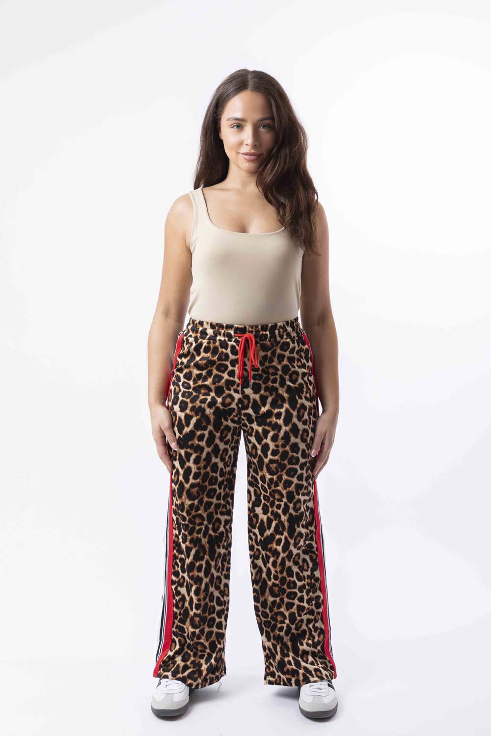 Contrast Panel Drawstring Wide Leg Leopard Print Joggers