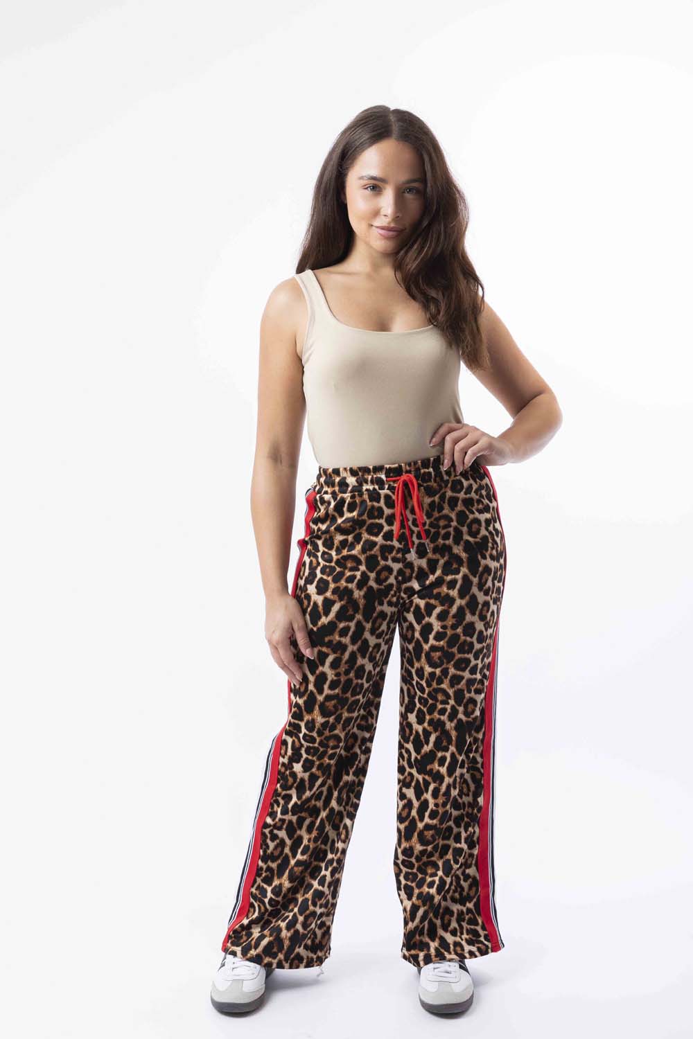 Contrast Panel Drawstring Wide Leg Leopard Print Joggers