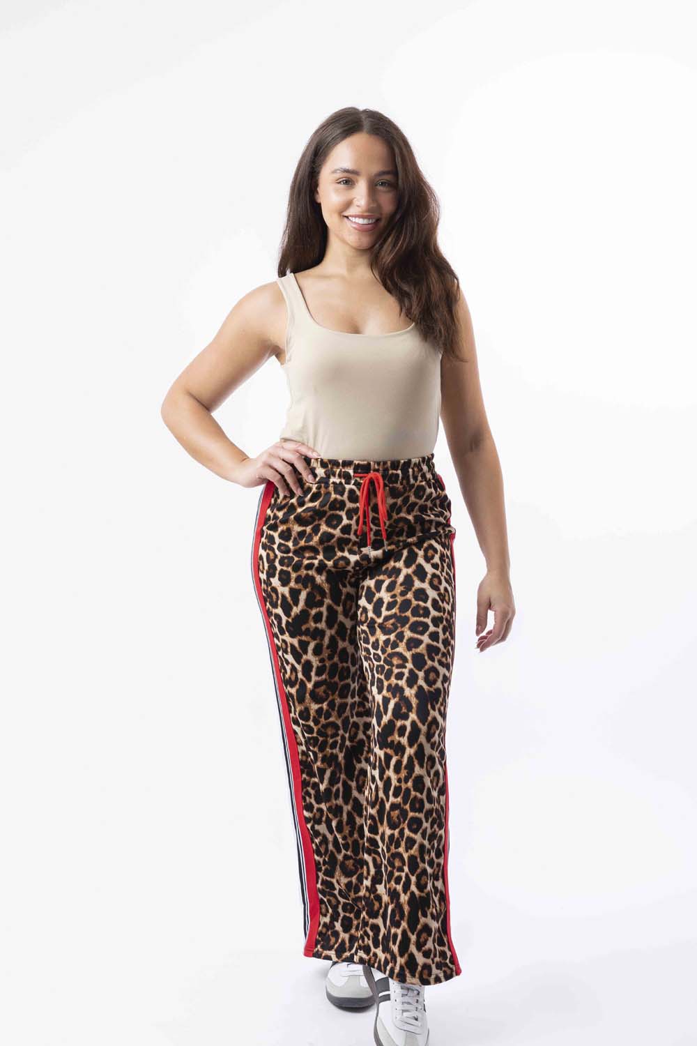 Contrast Panel Drawstring Wide Leg Leopard Print Joggers