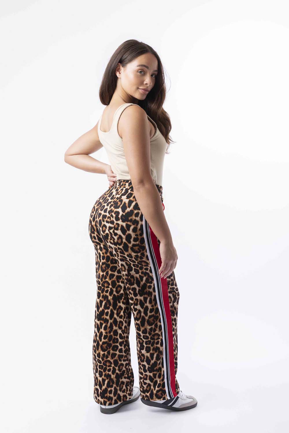 Contrast Panel Drawstring Wide Leg Leopard Print Joggers