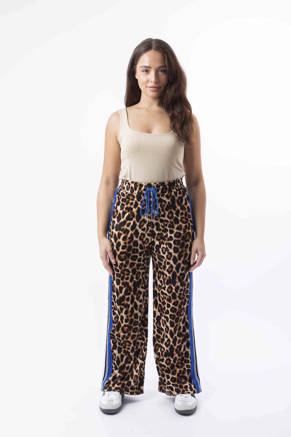 Contrast Panel Drawstring Wide Leg Leopard Print Joggers