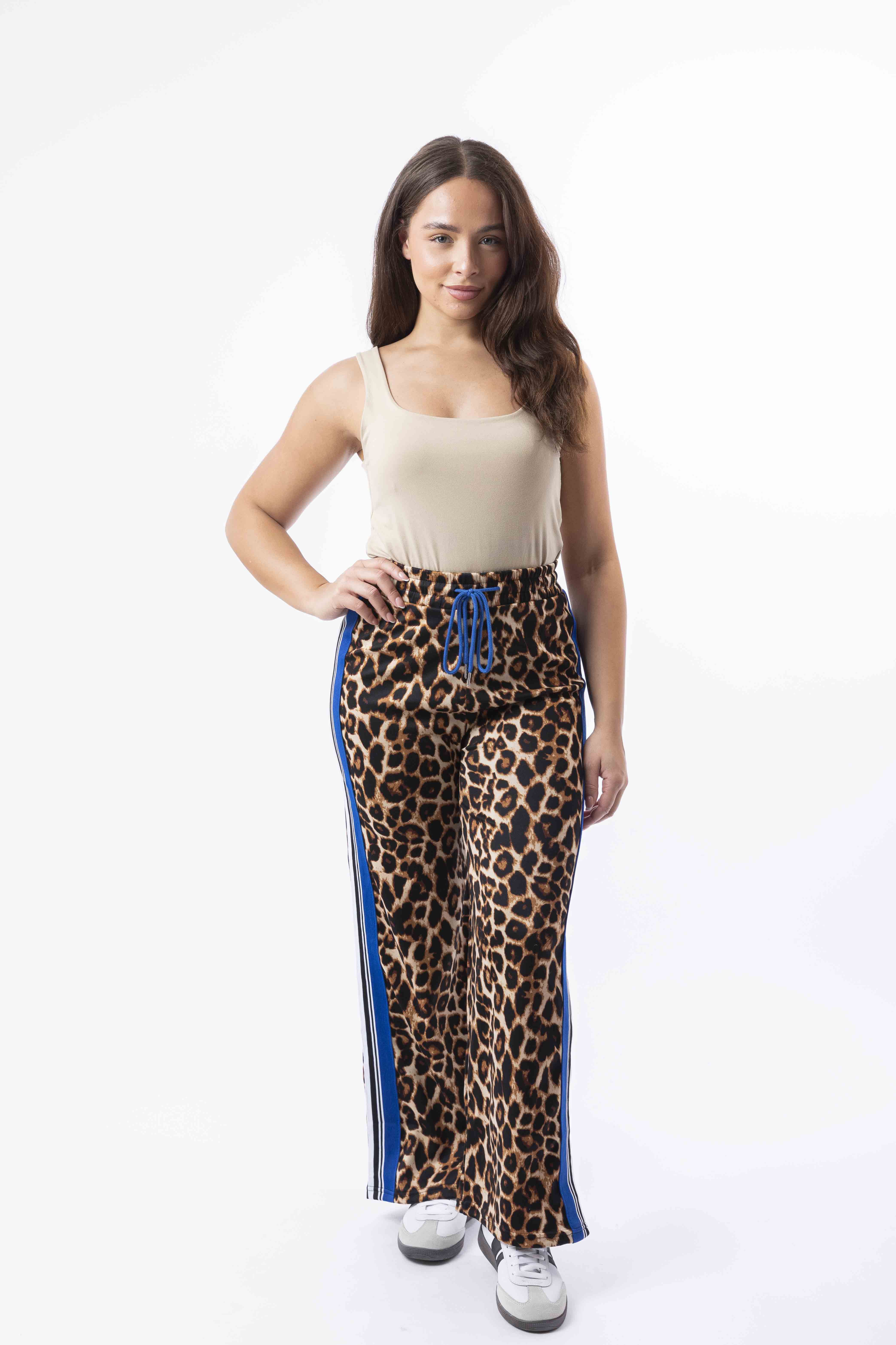 Contrast Panel Drawstring Wide Leg Leopard Print Joggers