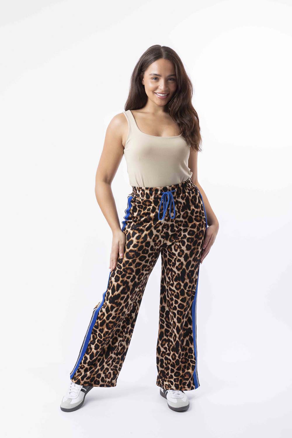 Contrast Panel Drawstring Wide Leg Leopard Print Joggers