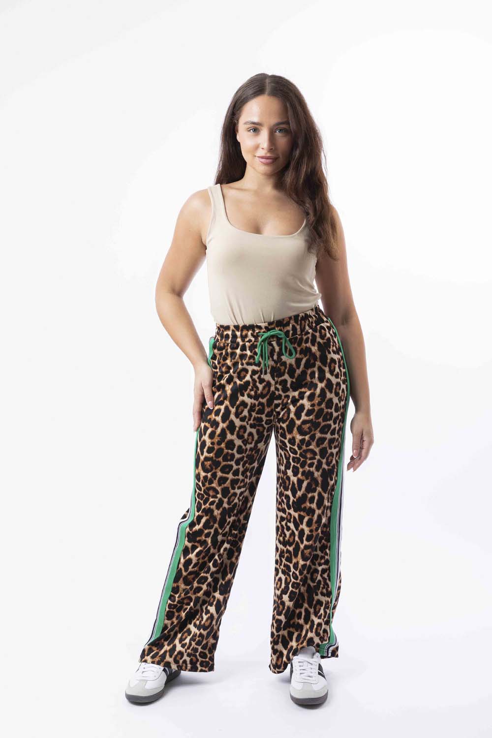 Contrast Panel Drawstring Wide Leg Leopard Print Joggers