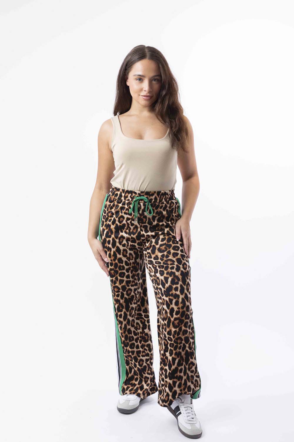 Contrast Panel Drawstring Wide Leg Leopard Print Joggers