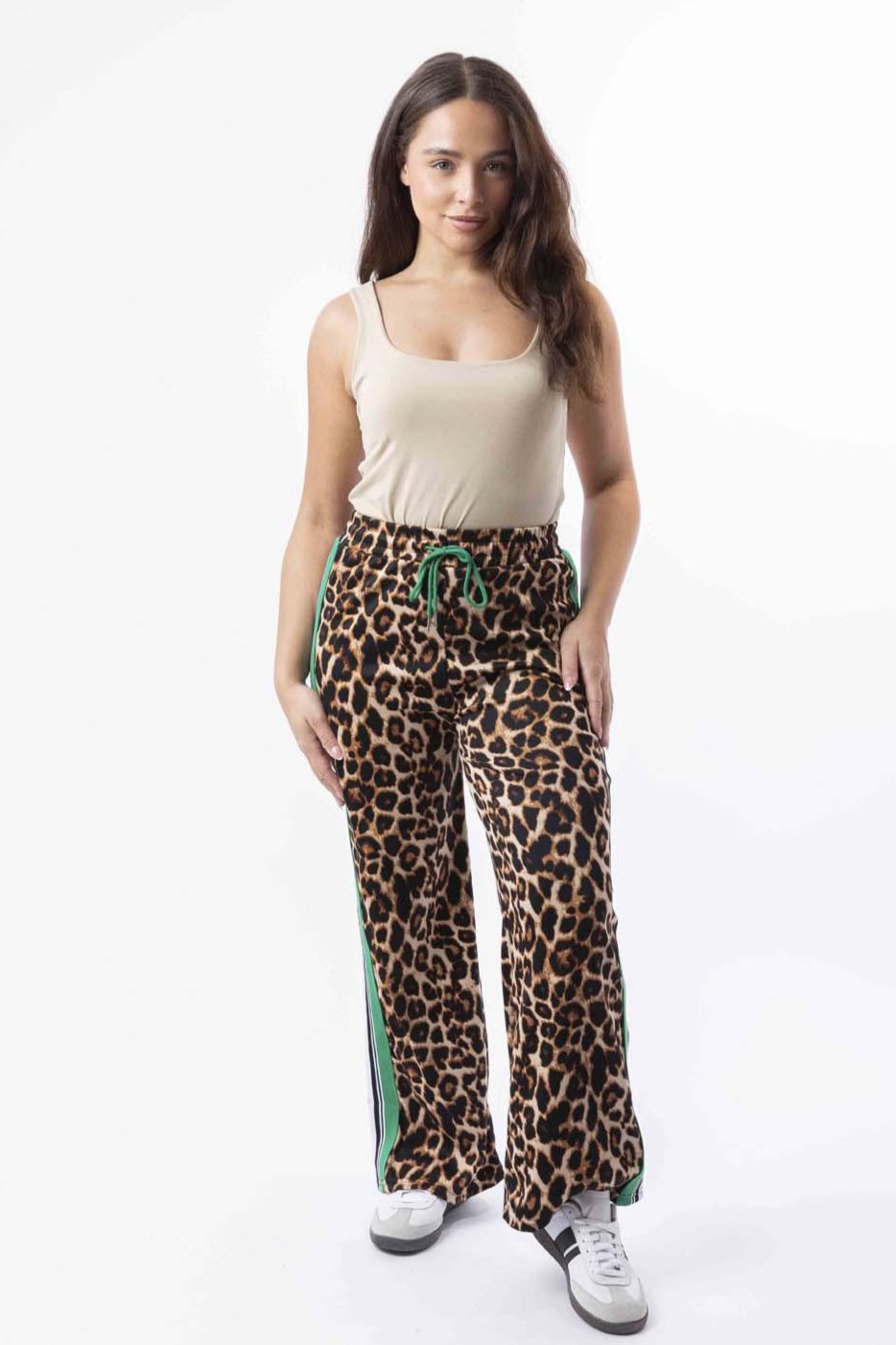 Contrast Panel Drawstring Wide Leg Leopard Print Joggers