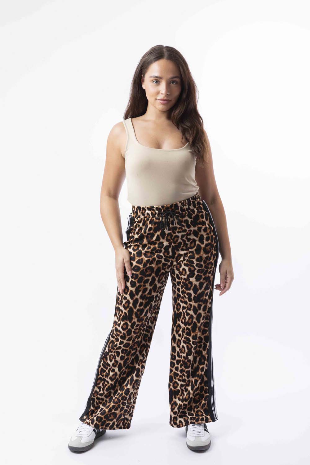 Contrast Panel Drawstring Wide Leg Leopard Print Joggers