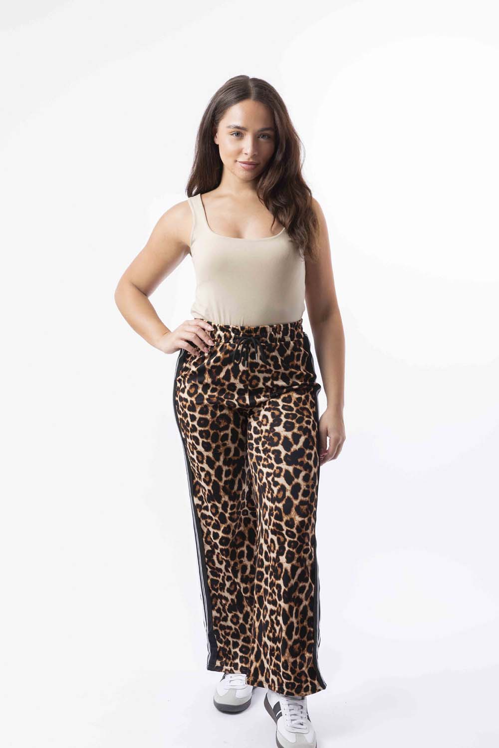 Contrast Panel Drawstring Wide Leg Leopard Print Joggers