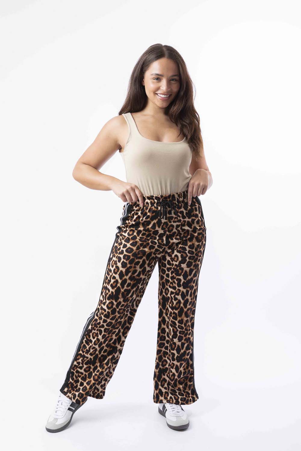 Contrast Panel Drawstring Wide Leg Leopard Print Joggers