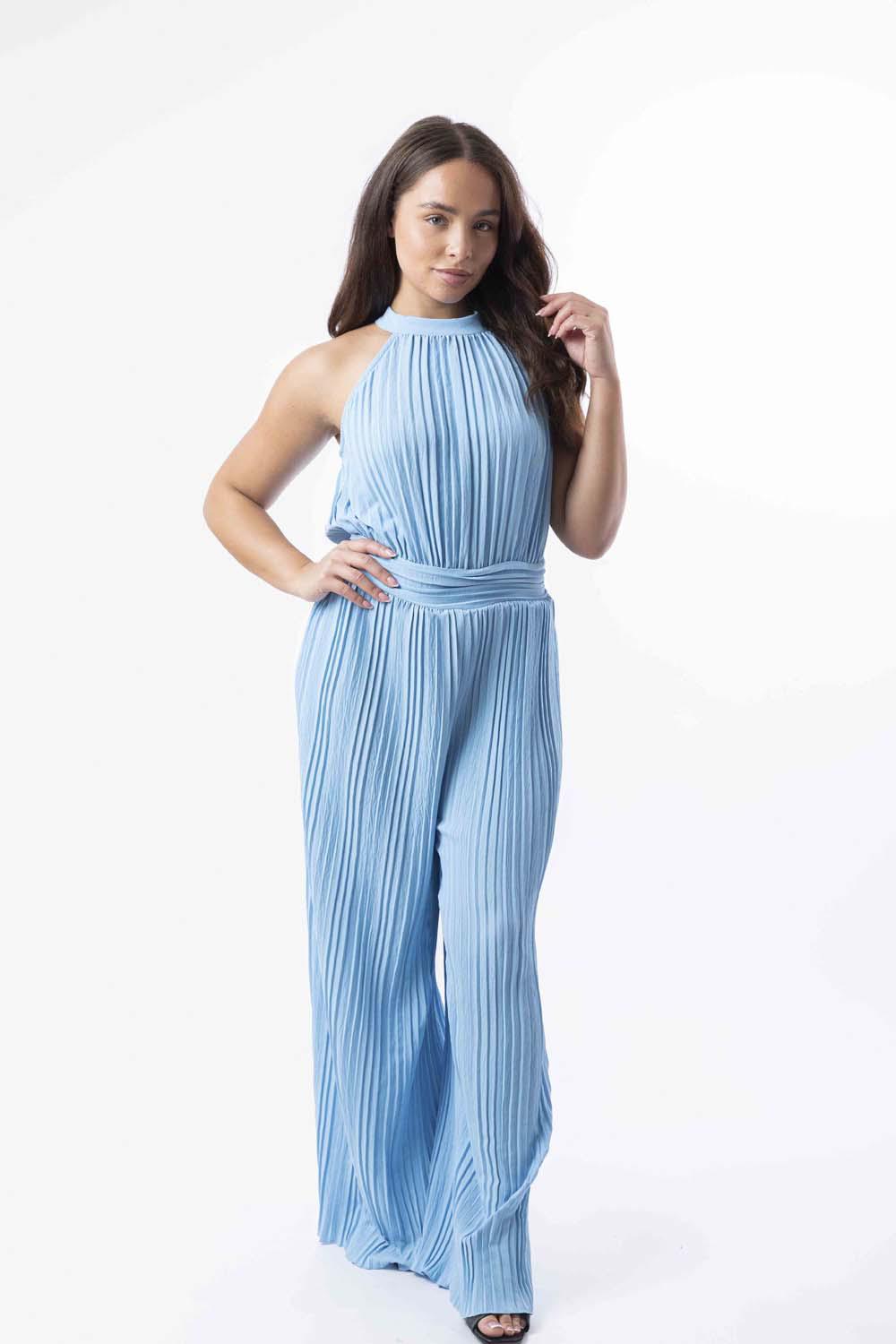 Halter Neck Plisse Straight Leg Chiffon Jumpsuit