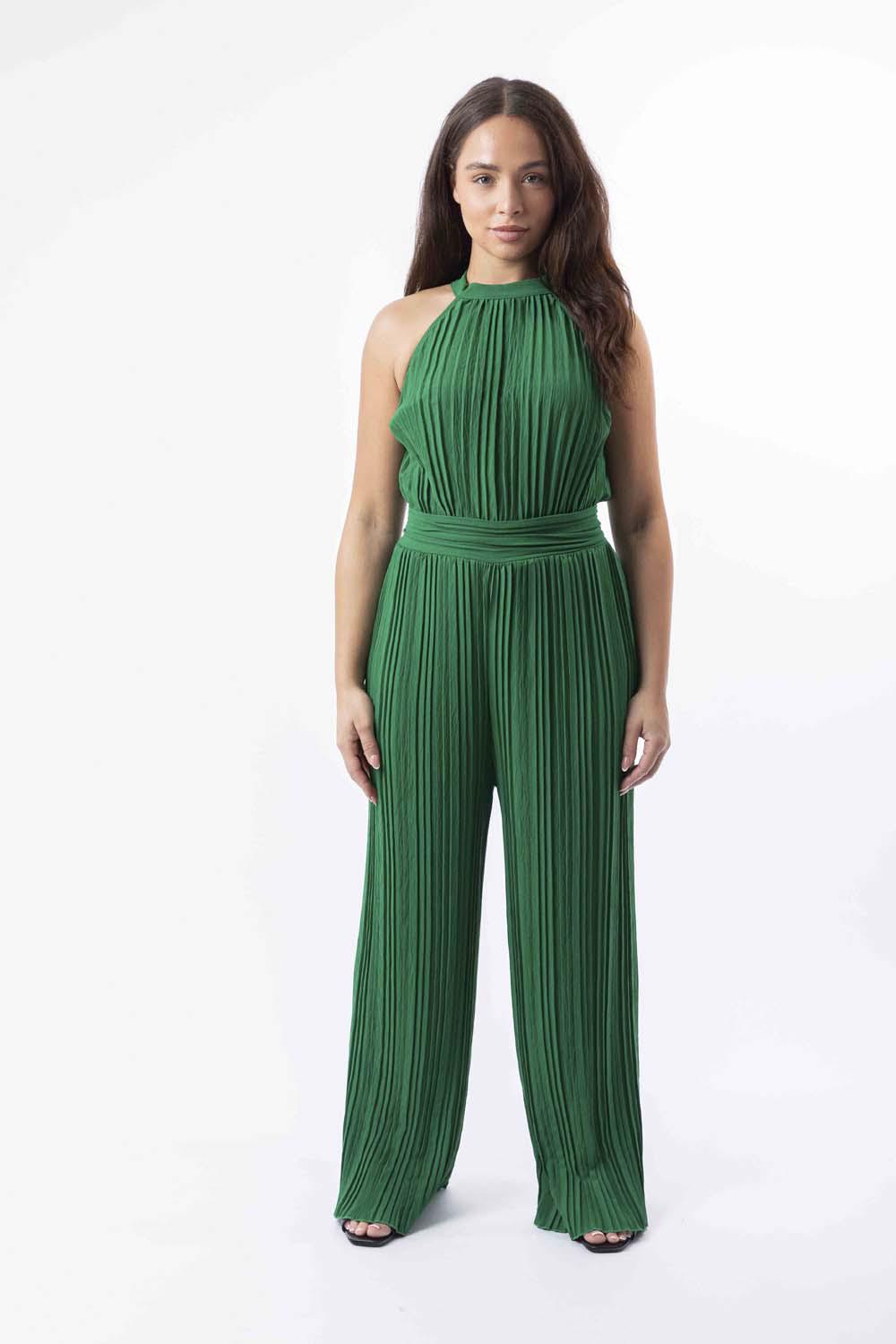 Halter Neck Plisse Straight Leg Chiffon Jumpsuit