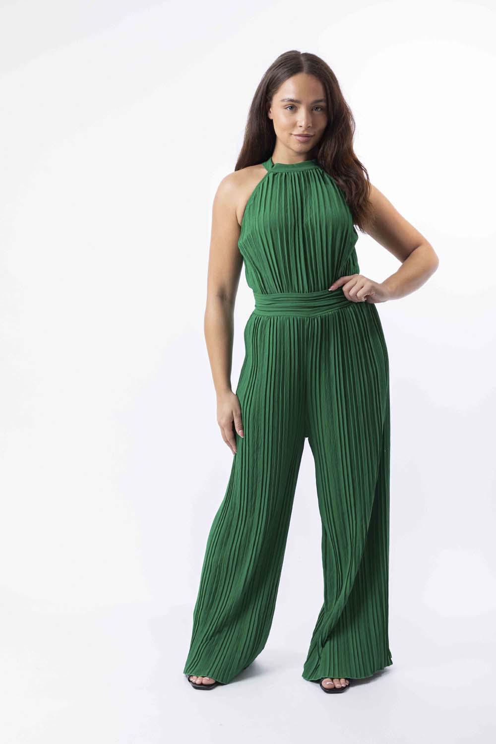 Halter Neck Plisse Straight Leg Chiffon Jumpsuit