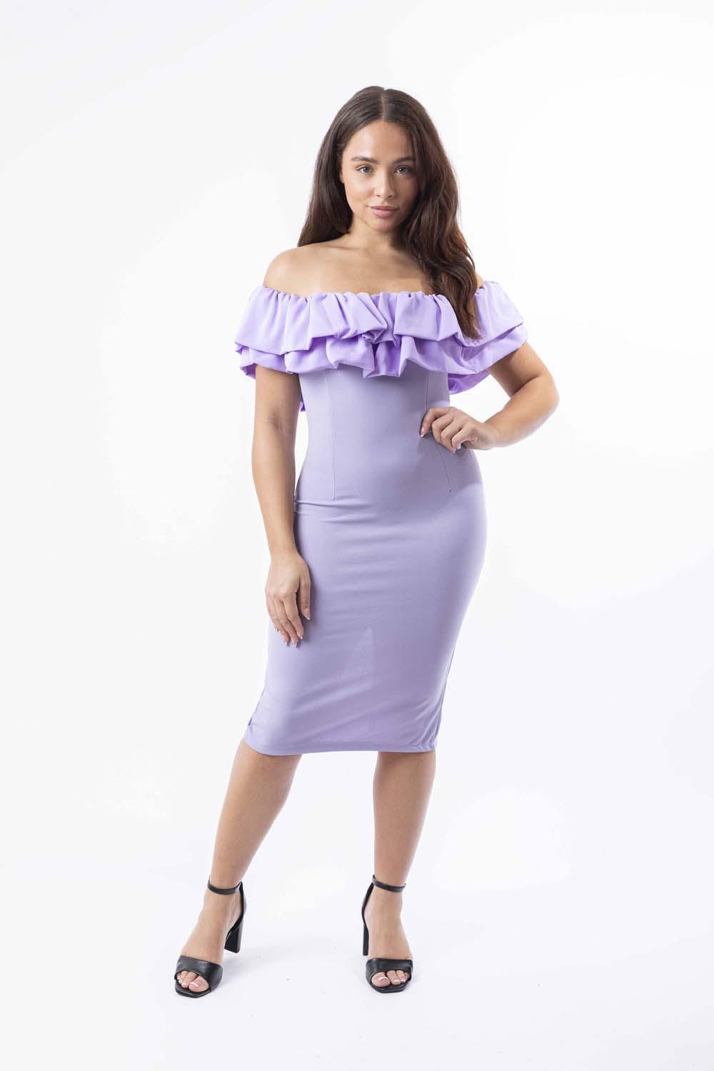 Off Shoulder Frill Hem Stretchy Midi Dress