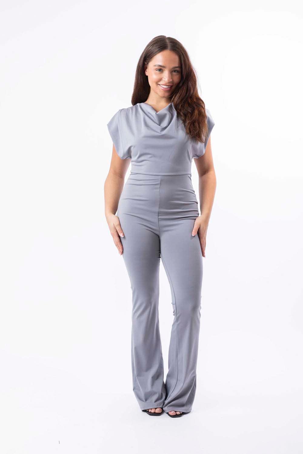 Padded Shoulder Straight Leg Slinky Jumpsuit