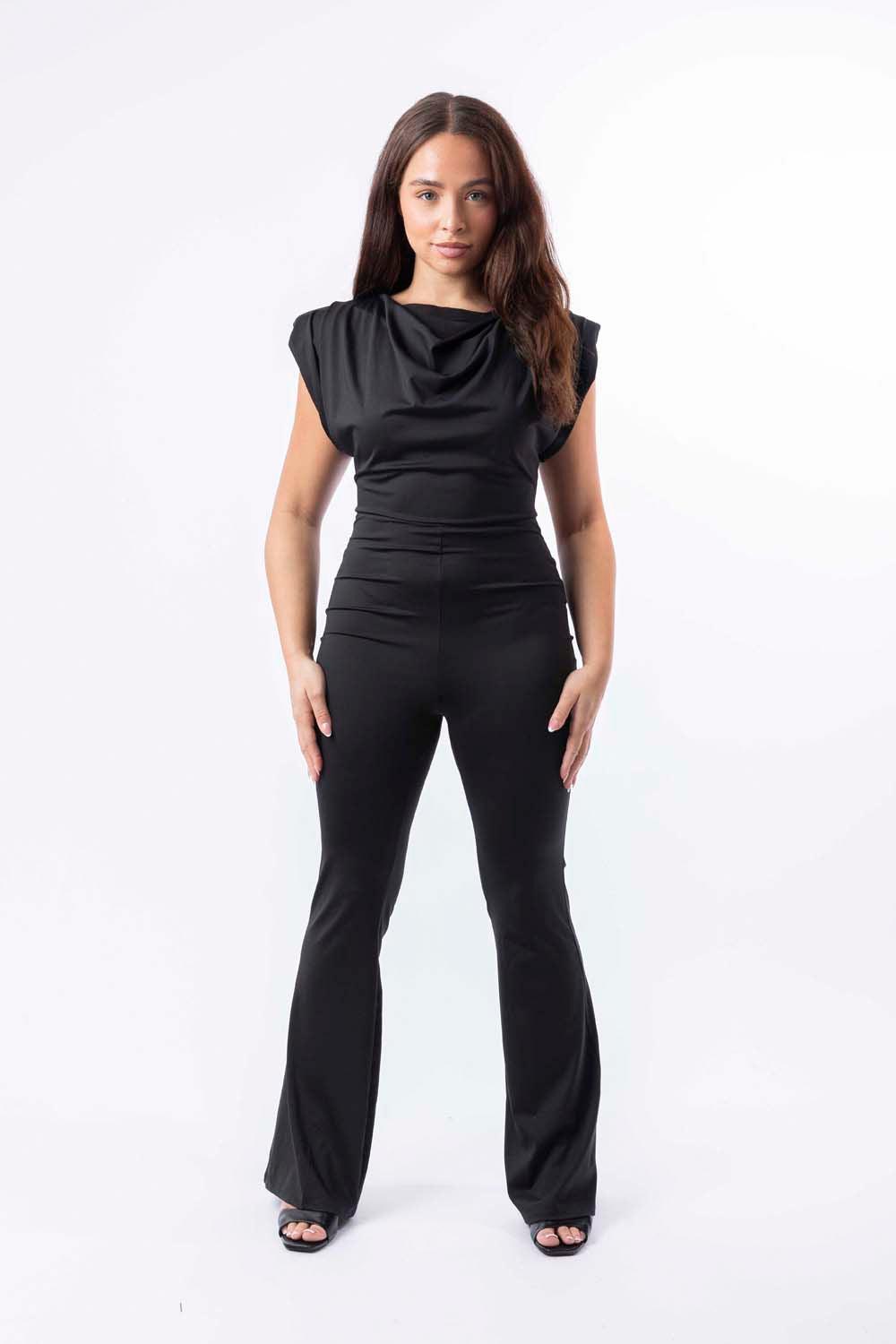 Padded Shoulder Straight Leg Slinky Jumpsuit