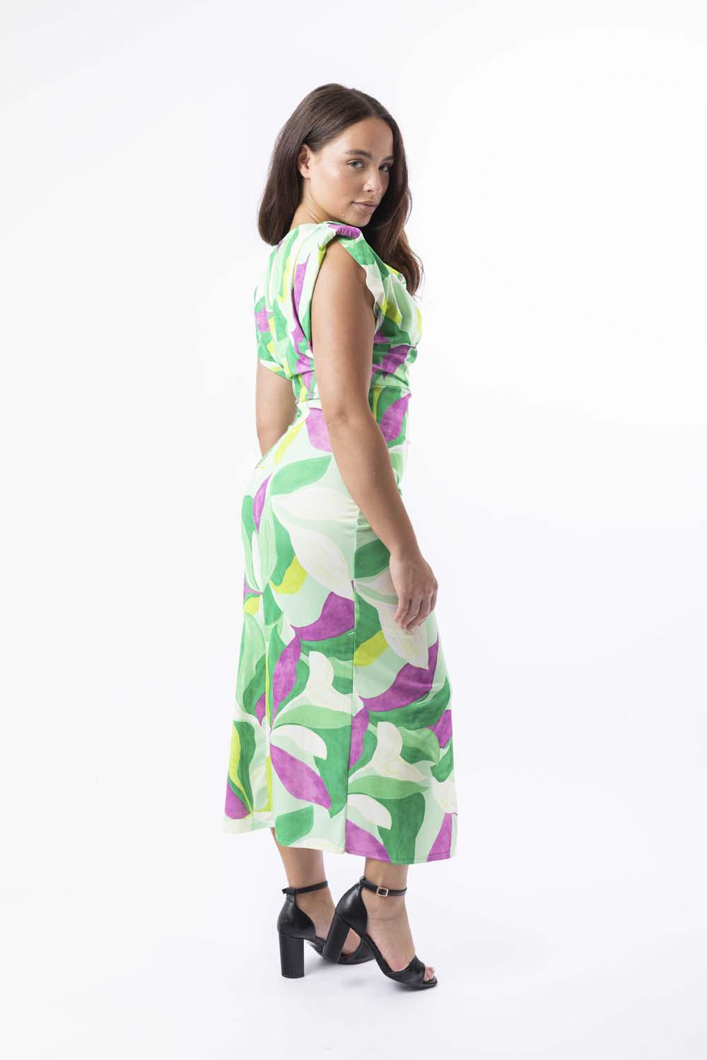 Abstract Print Padded Shoulder Wrap Summer Dress