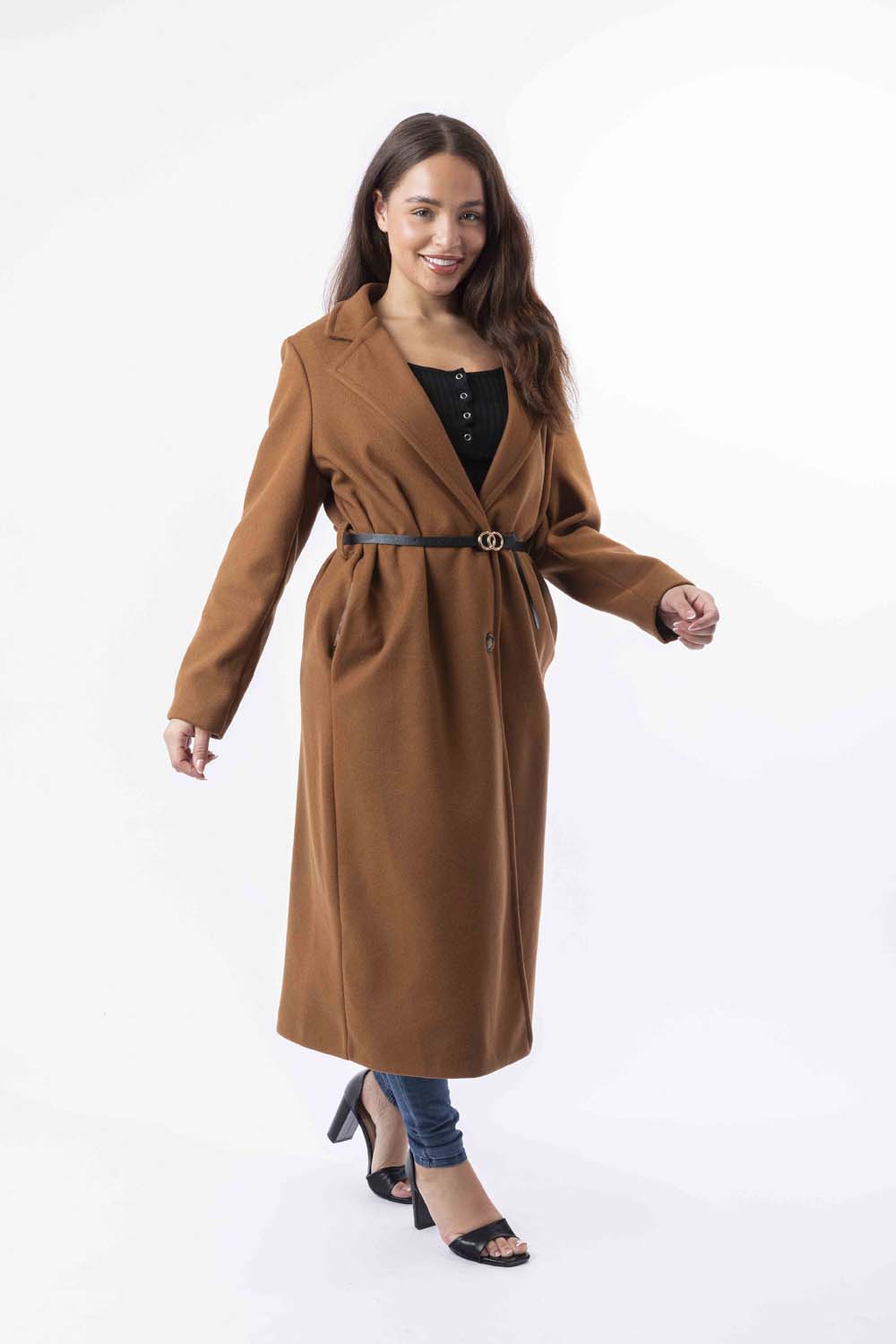 Loose Fit Circle Belt Soft Long Button Down A-Line Lapel Coat