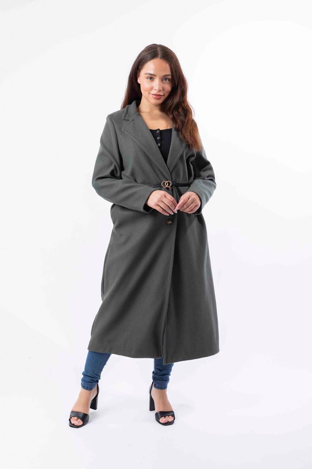 Loose Fit Circle Belt Soft Long Button Down A-Line Lapel Coat