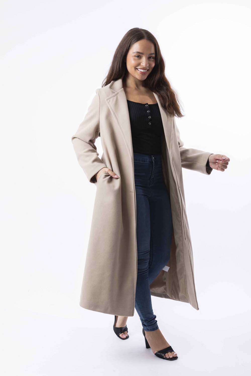 Loose Fit Circle Belt Soft Long Button Down A-Line Lapel Coat