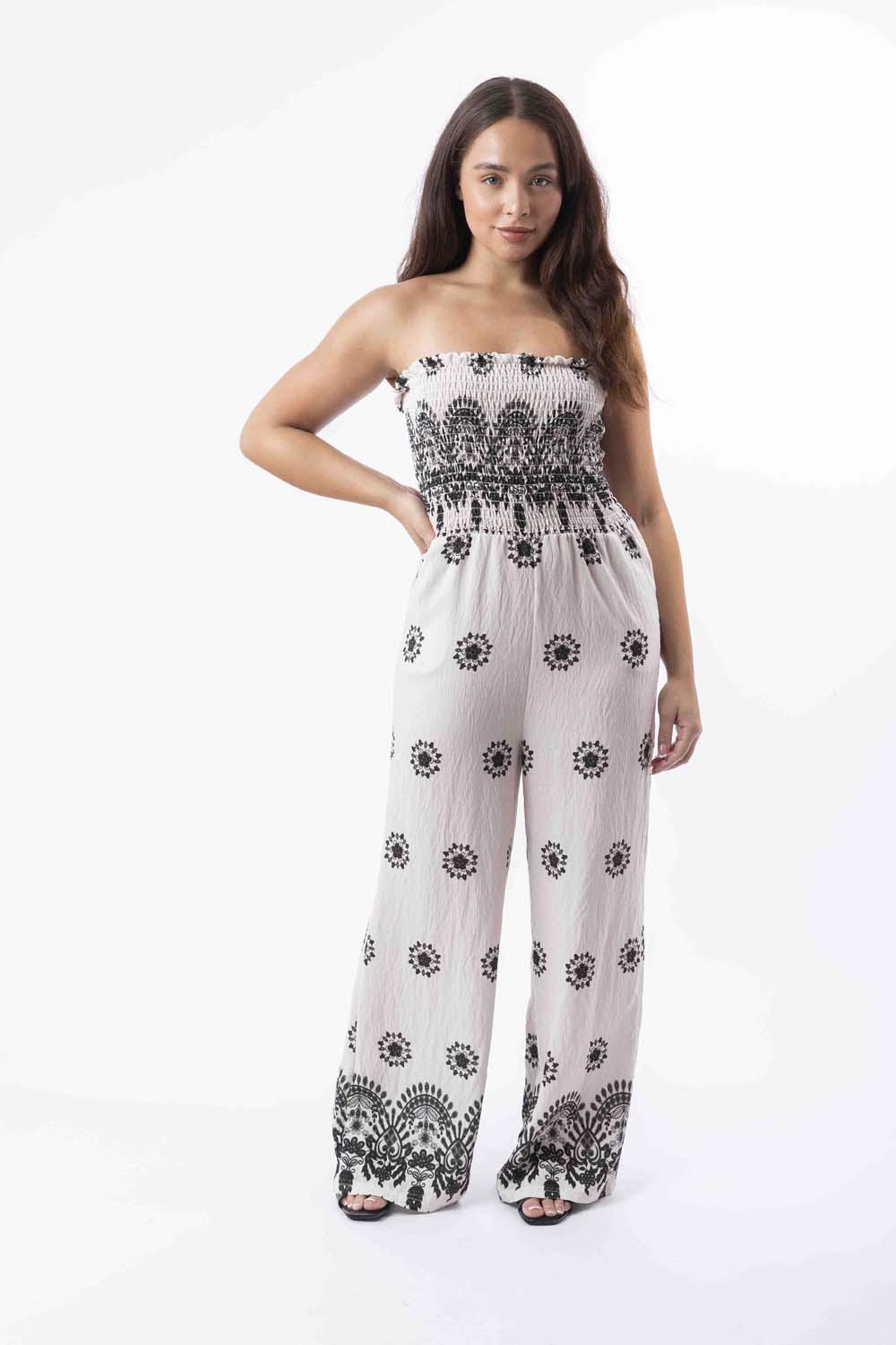 Viscose Blend Printed Wide Leg Strapless Summer Jumpsuit