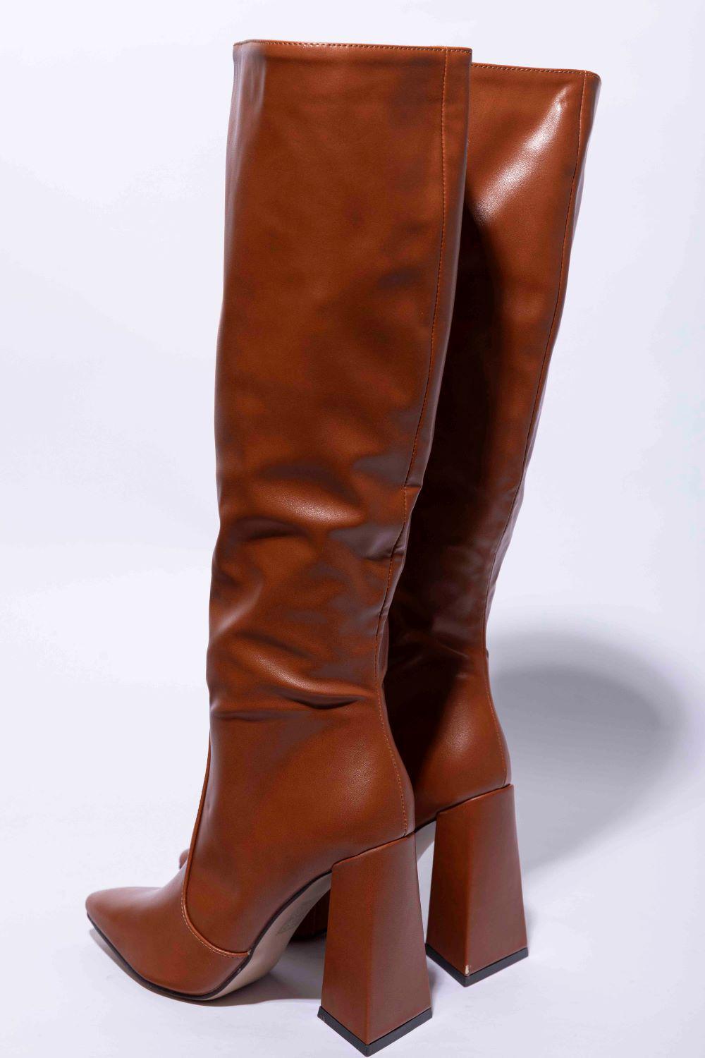 Knee Length 4.5 Inch Triangular Block Heel Pointed Vegan Leather Boots