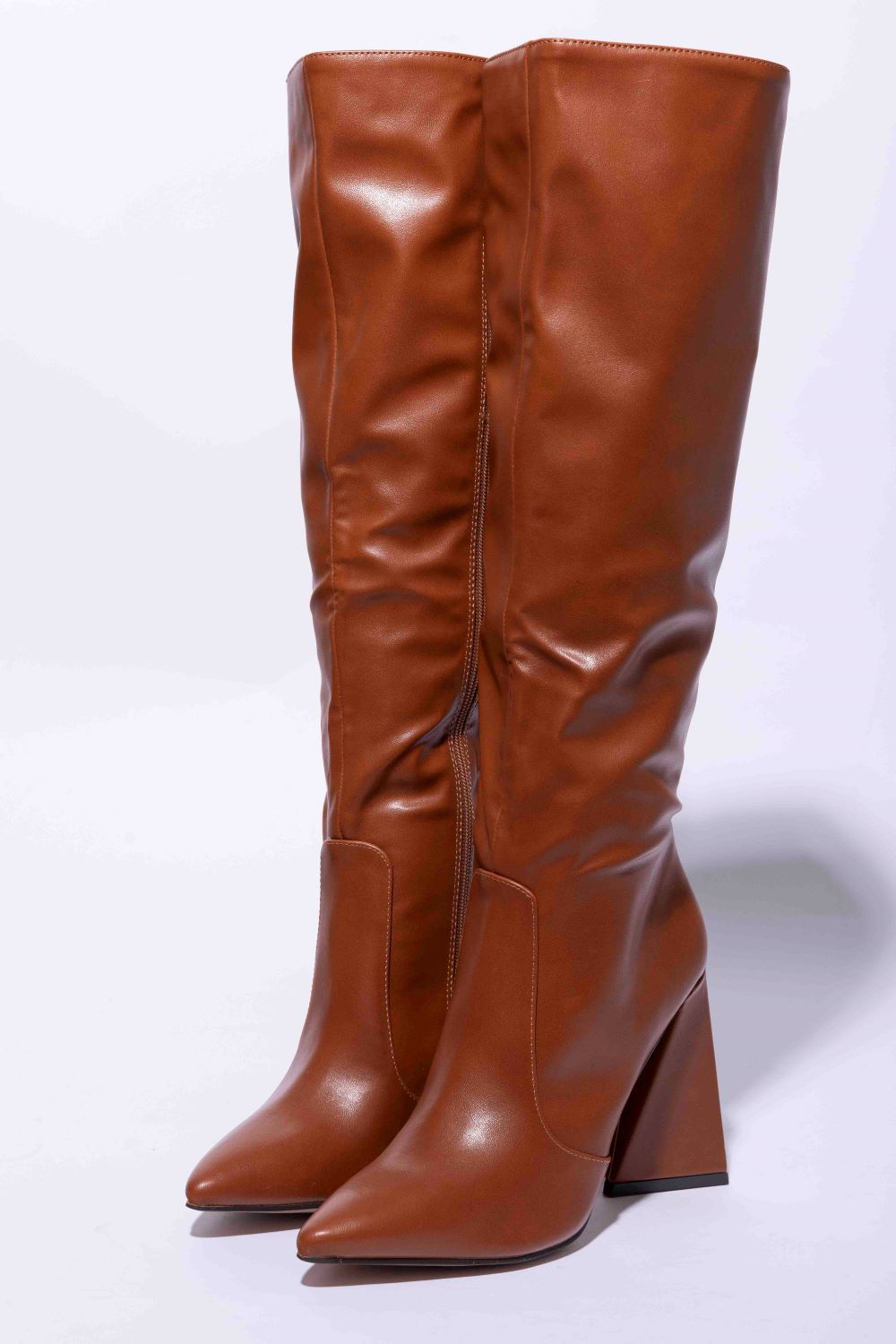 Knee Length 4.5 Inch Triangular Block Heel Pointed Vegan Leather Boots