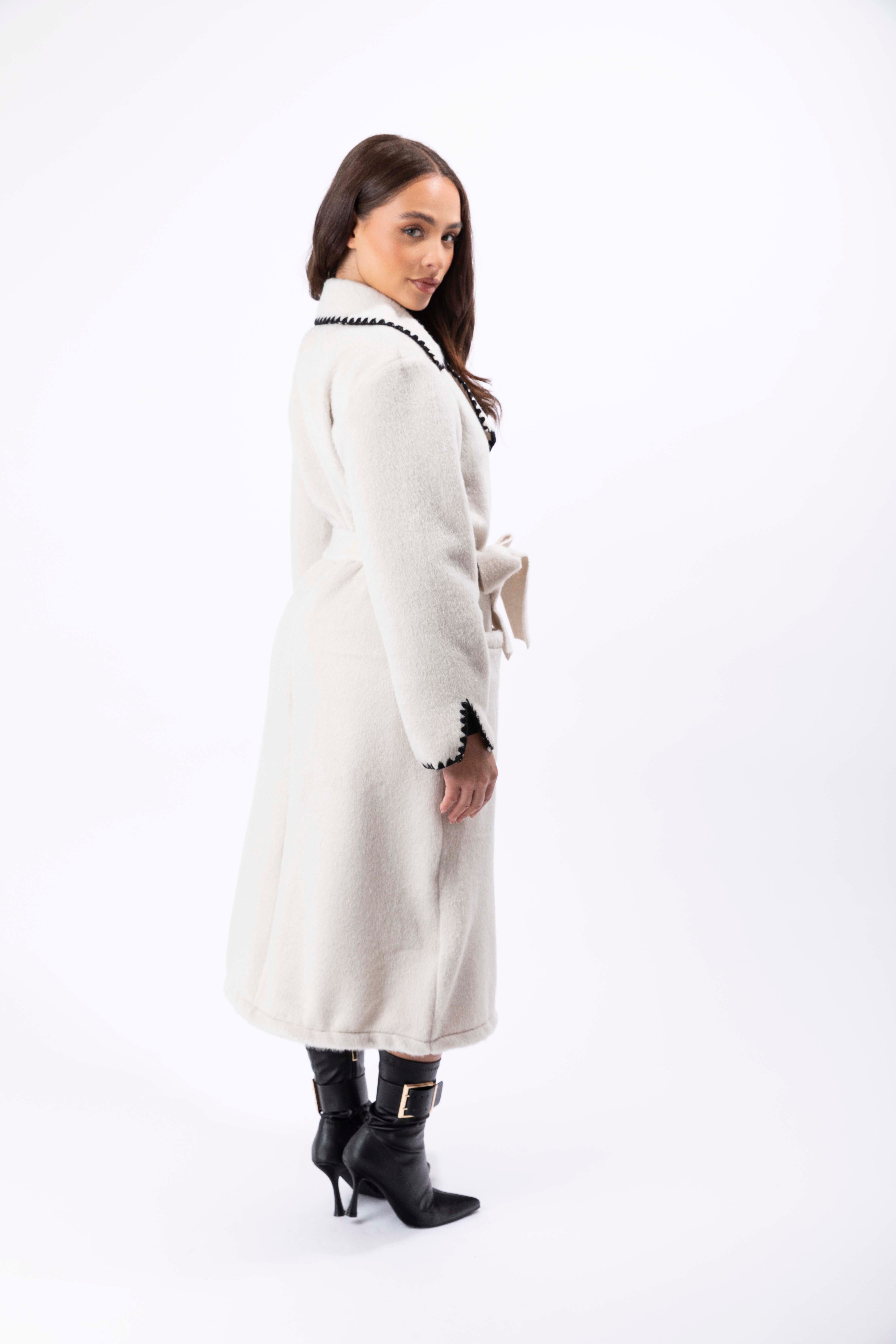 Contrast Stitch Felt Midi Tie Up Coat