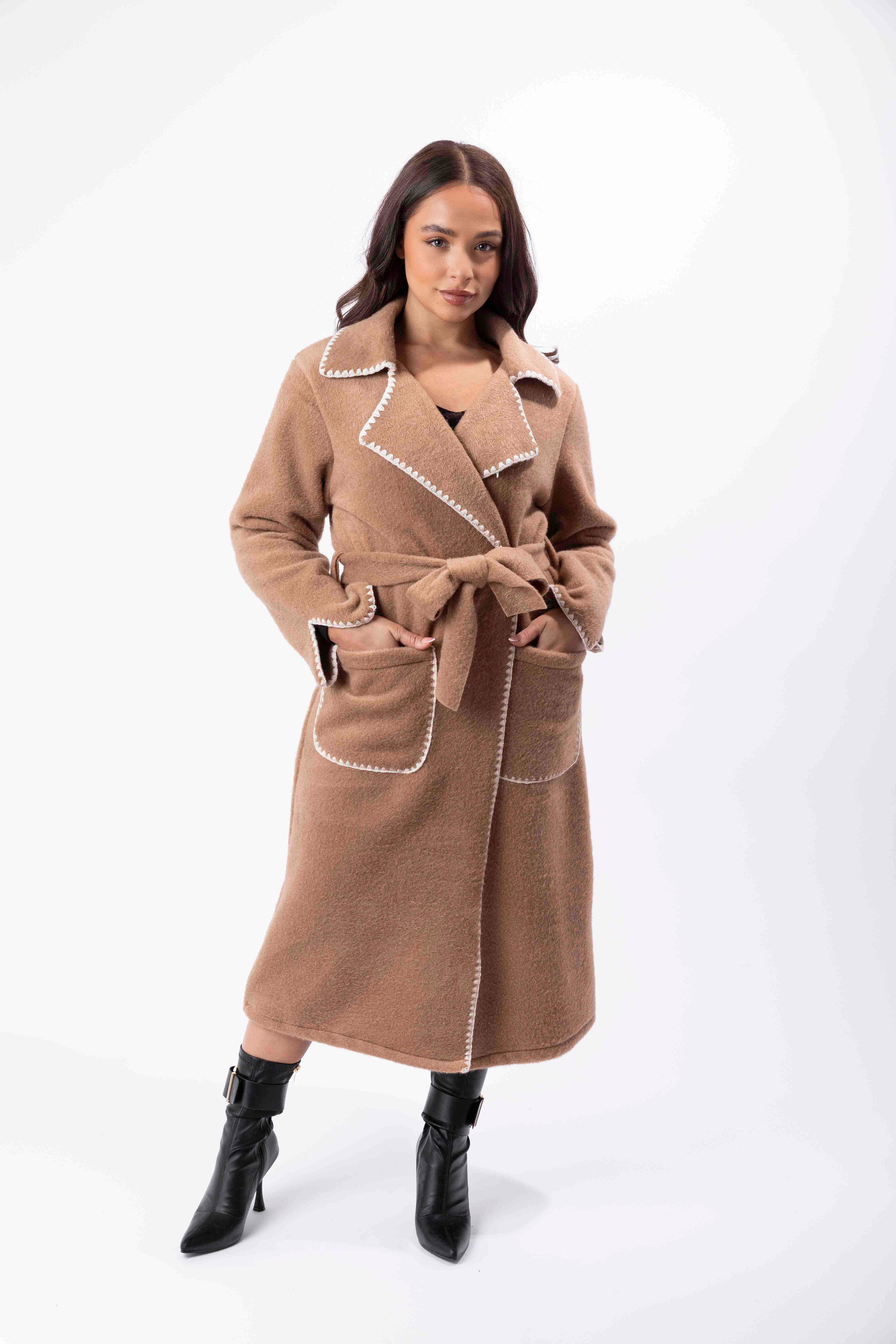 Contrast Stitch Felt Midi Tie Up Coat