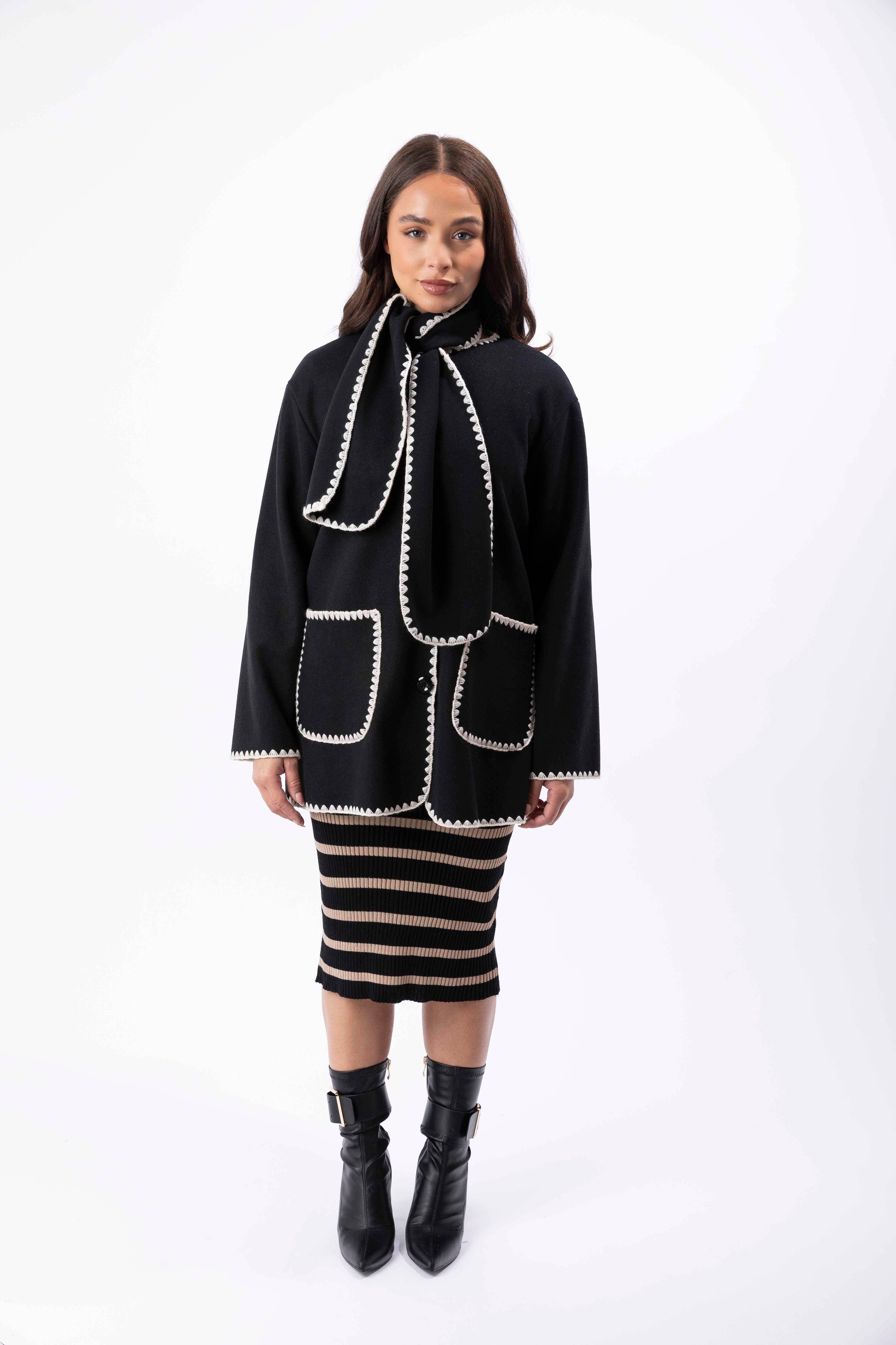 Contrast Stitch Felt Cardigan Coat With Scarf