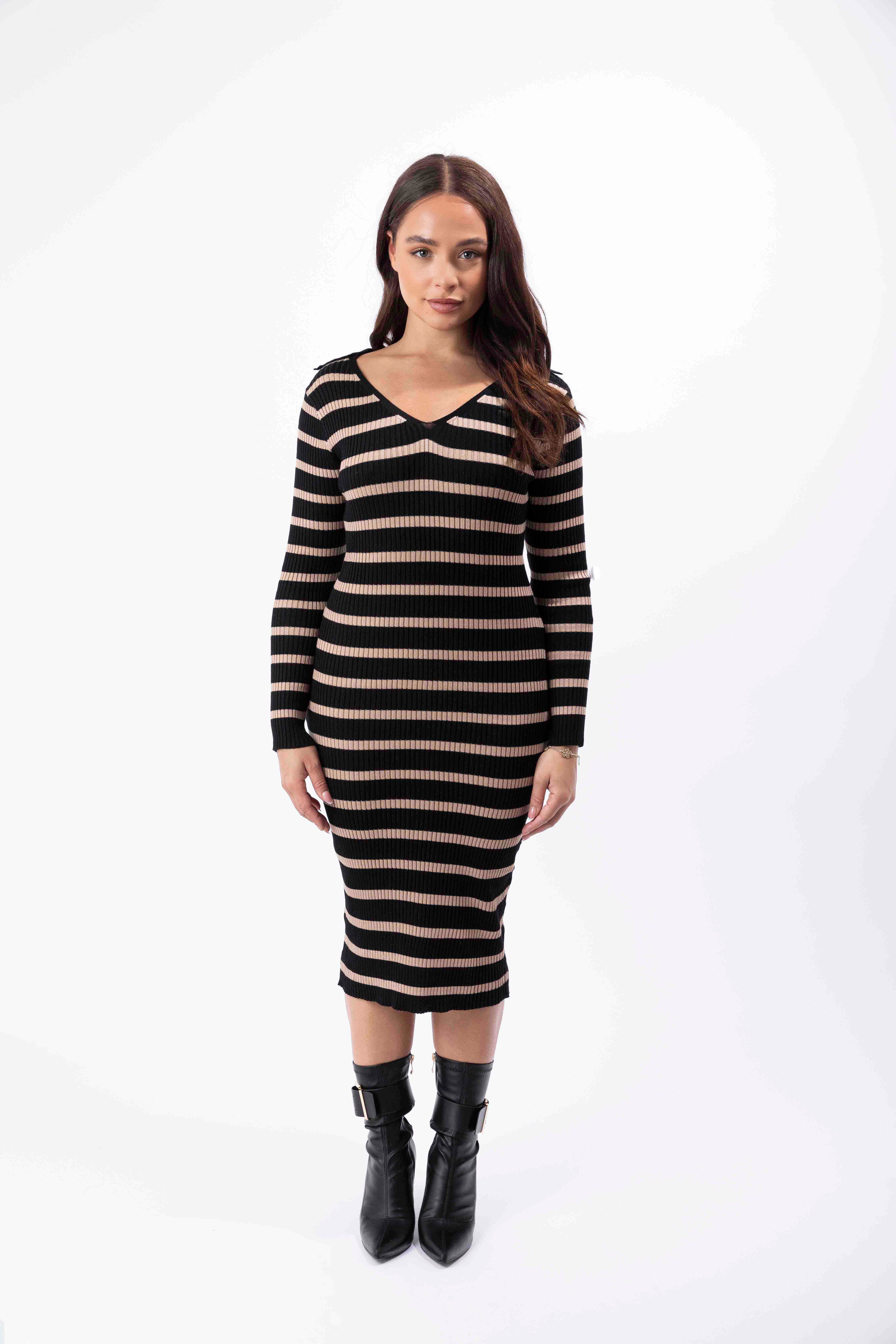 Ribbed Stretchy Knitted Viscose V-Cut Striped Bodycon Dress