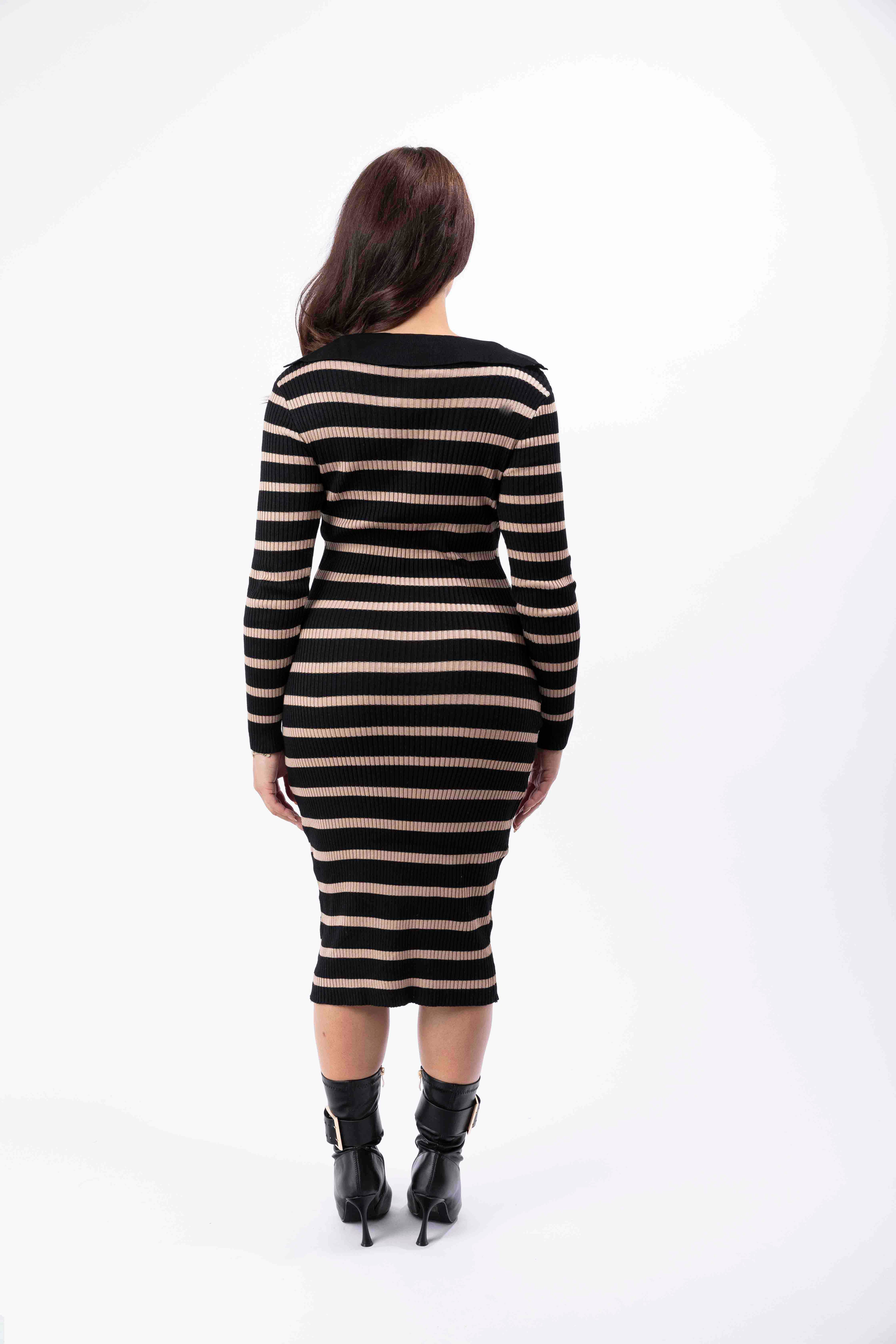 Ribbed Stretchy Knitted Viscose V-Cut Striped Bodycon Dress