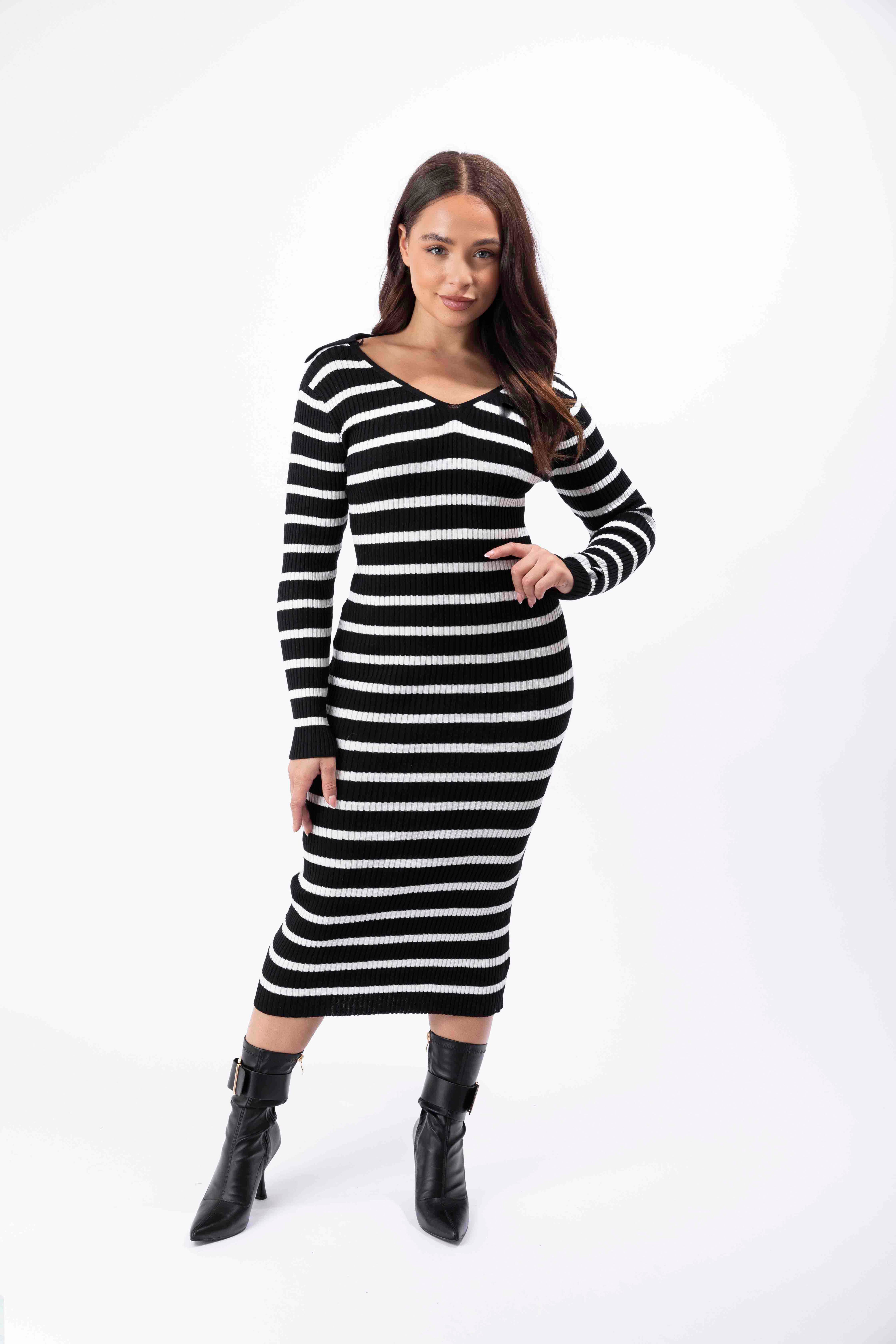 Ribbed Stretchy Knitted Viscose V-Cut Striped Bodycon Dress