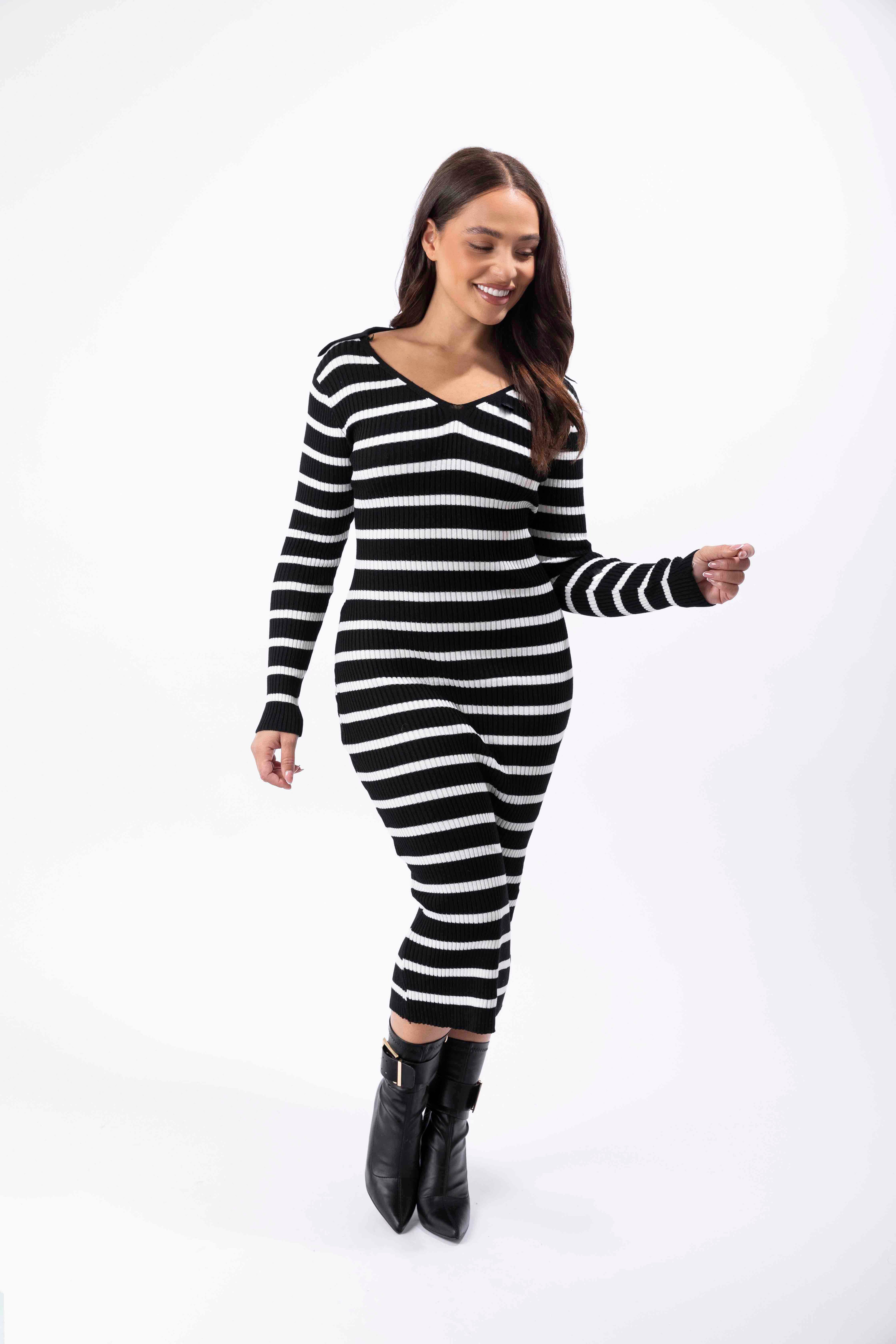 Ribbed Stretchy Knitted Viscose V-Cut Striped Bodycon Dress