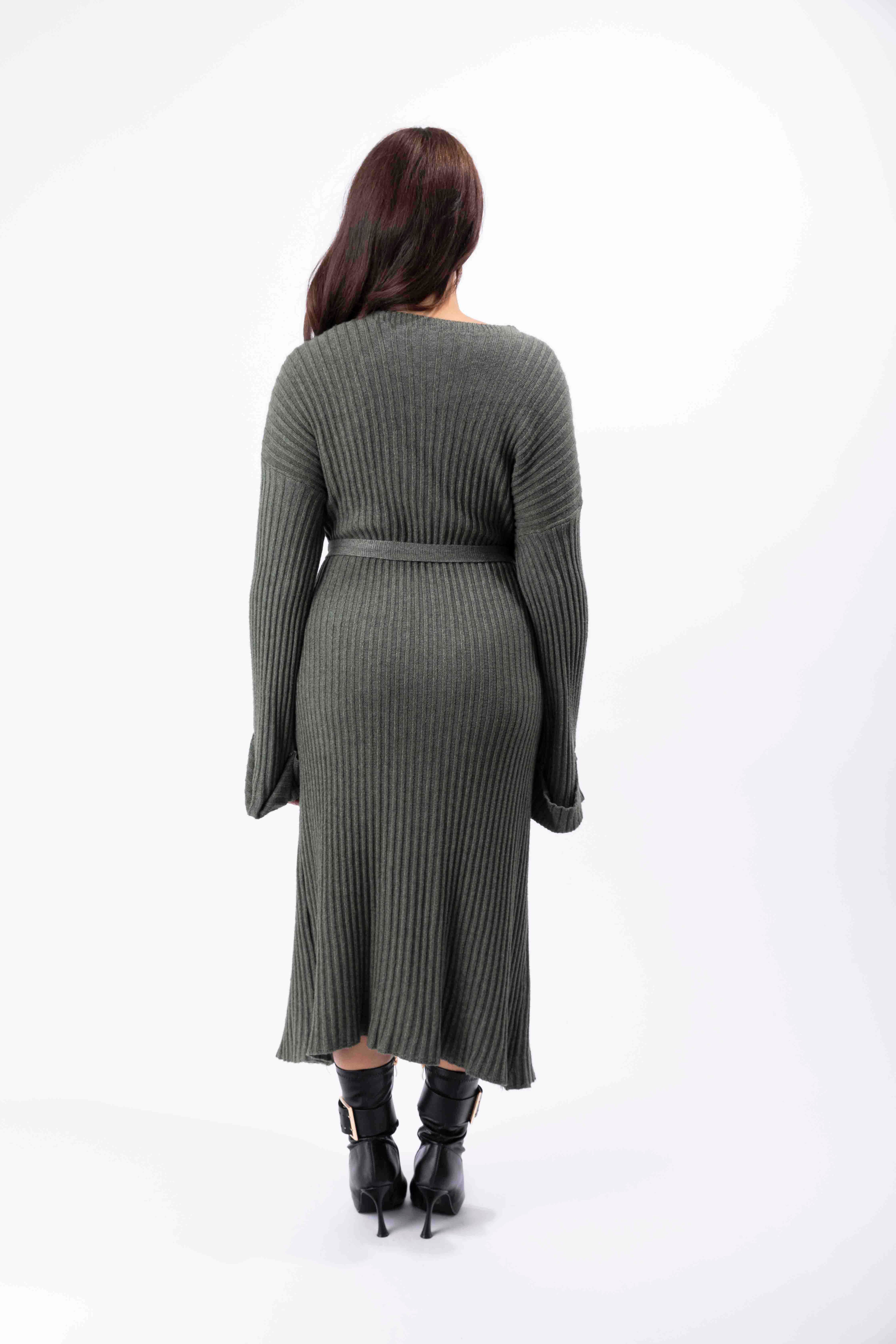 Waist Tie Button Detail Midi Knitted Dress