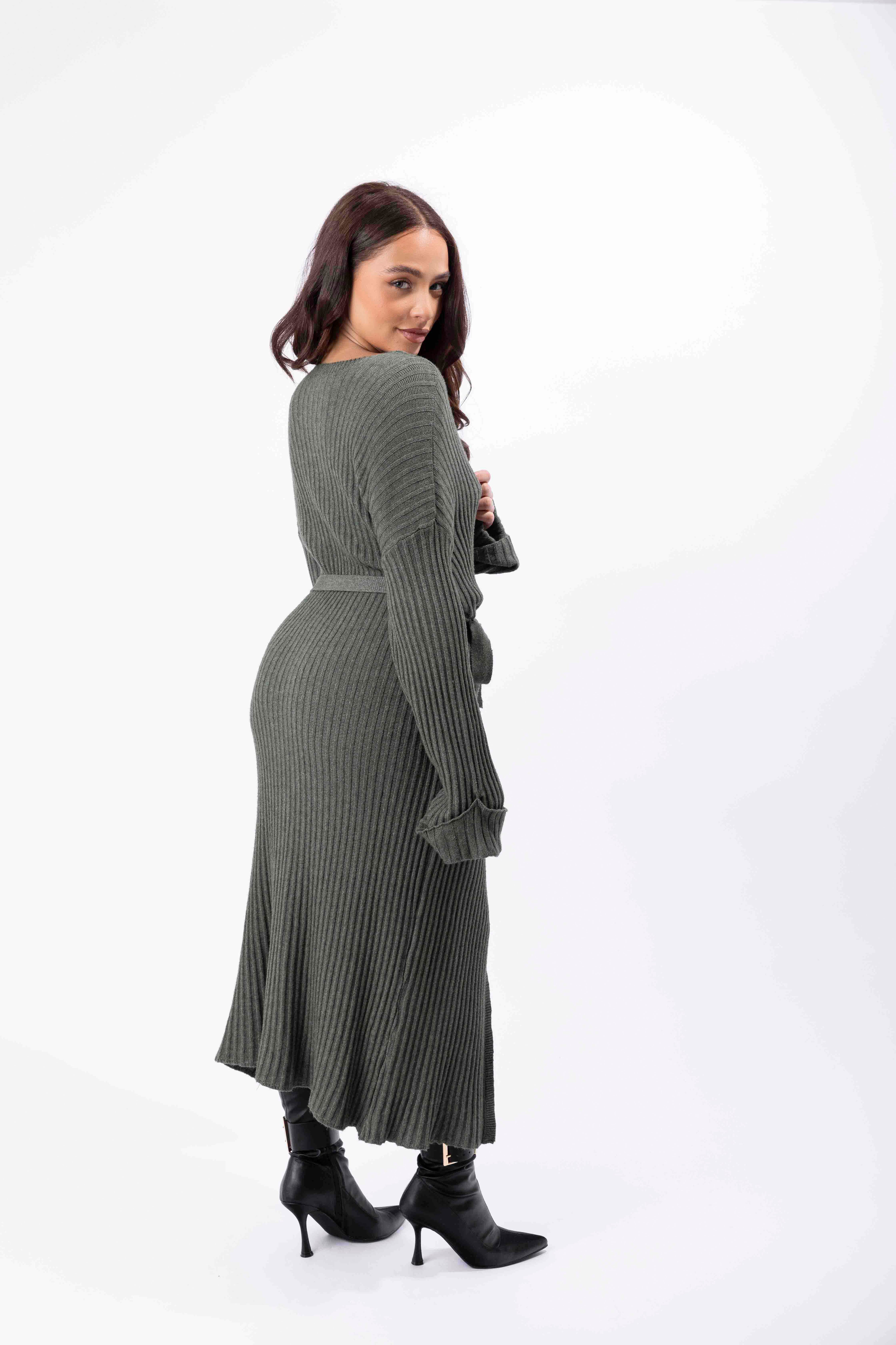 Waist Tie Button Detail Midi Knitted Dress