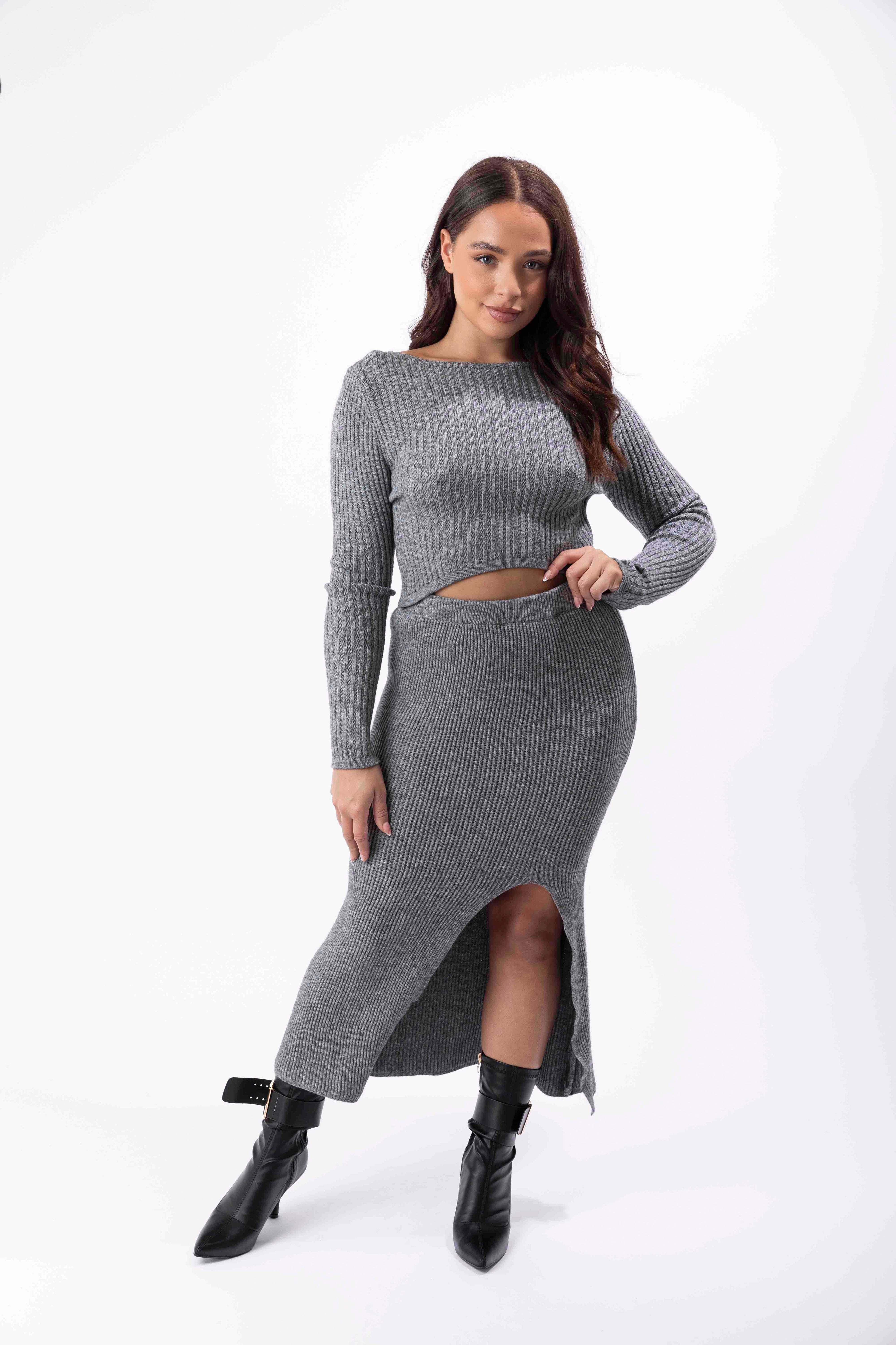 Front Split Skirt And Pullover Knitted Set