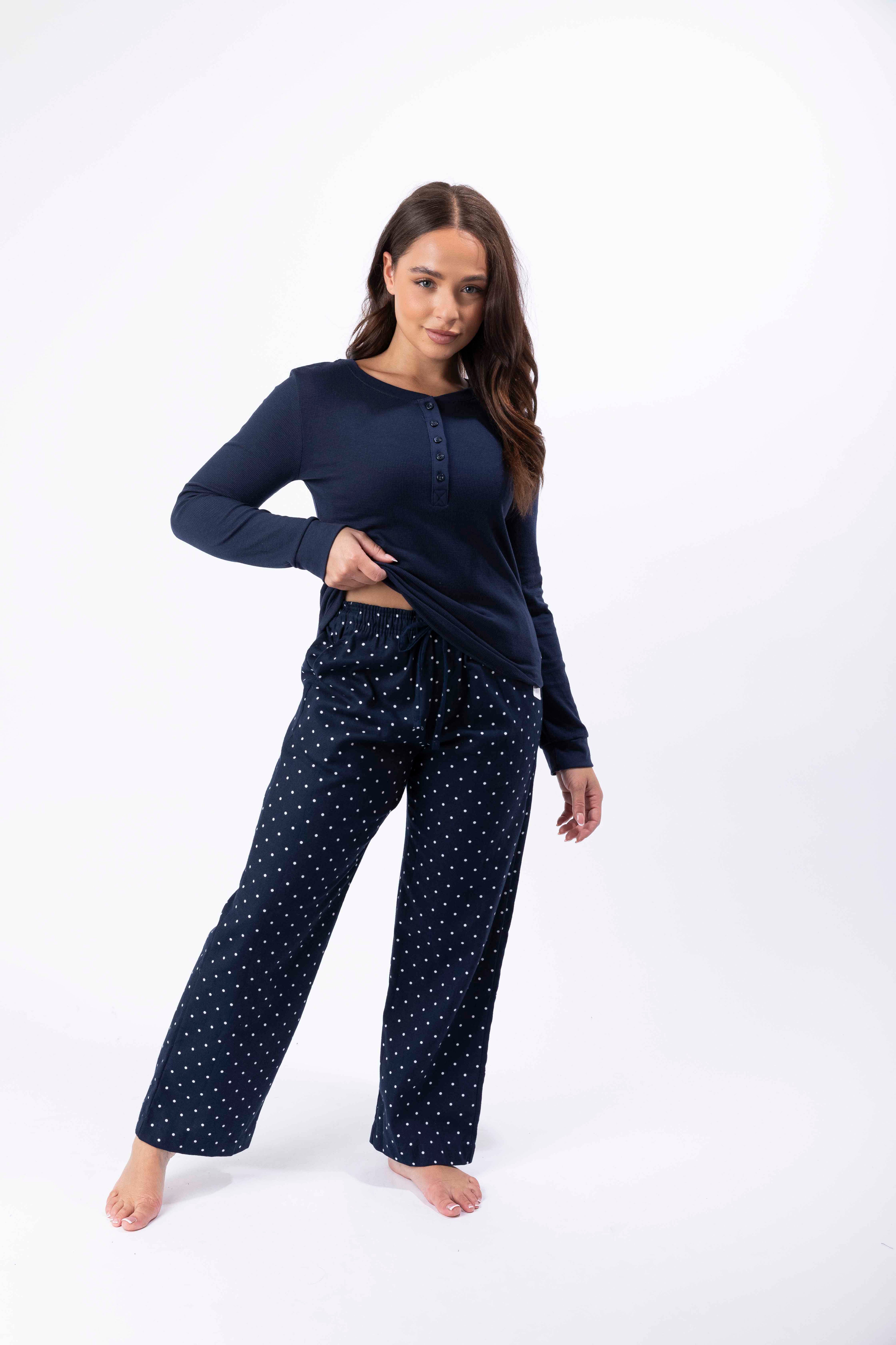 Flannel Plain Long Sleeve Top And Checkered Trousers Pajama Set