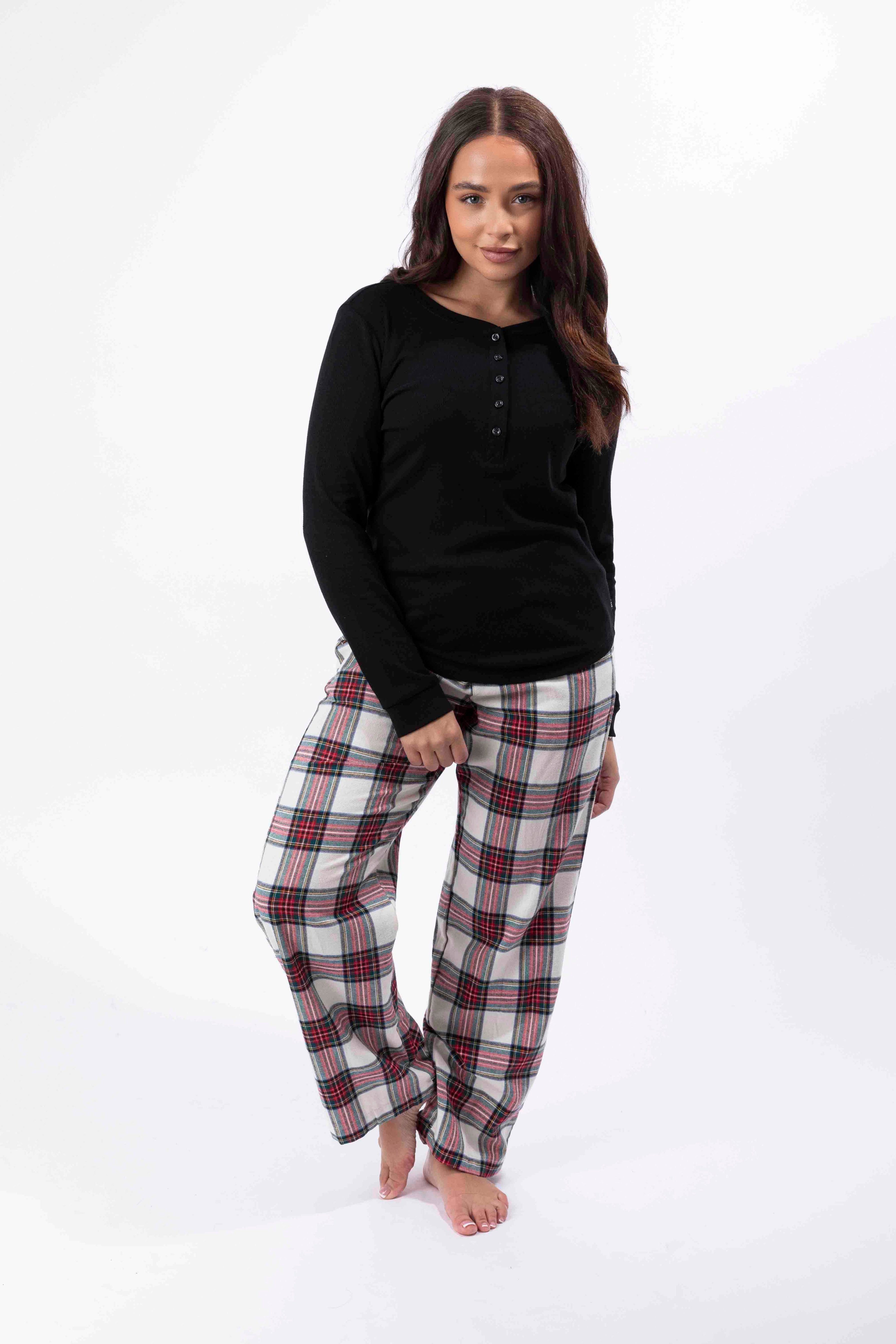 Flannel Plain Long Sleeve Top And Checkered Trousers Pajama Set