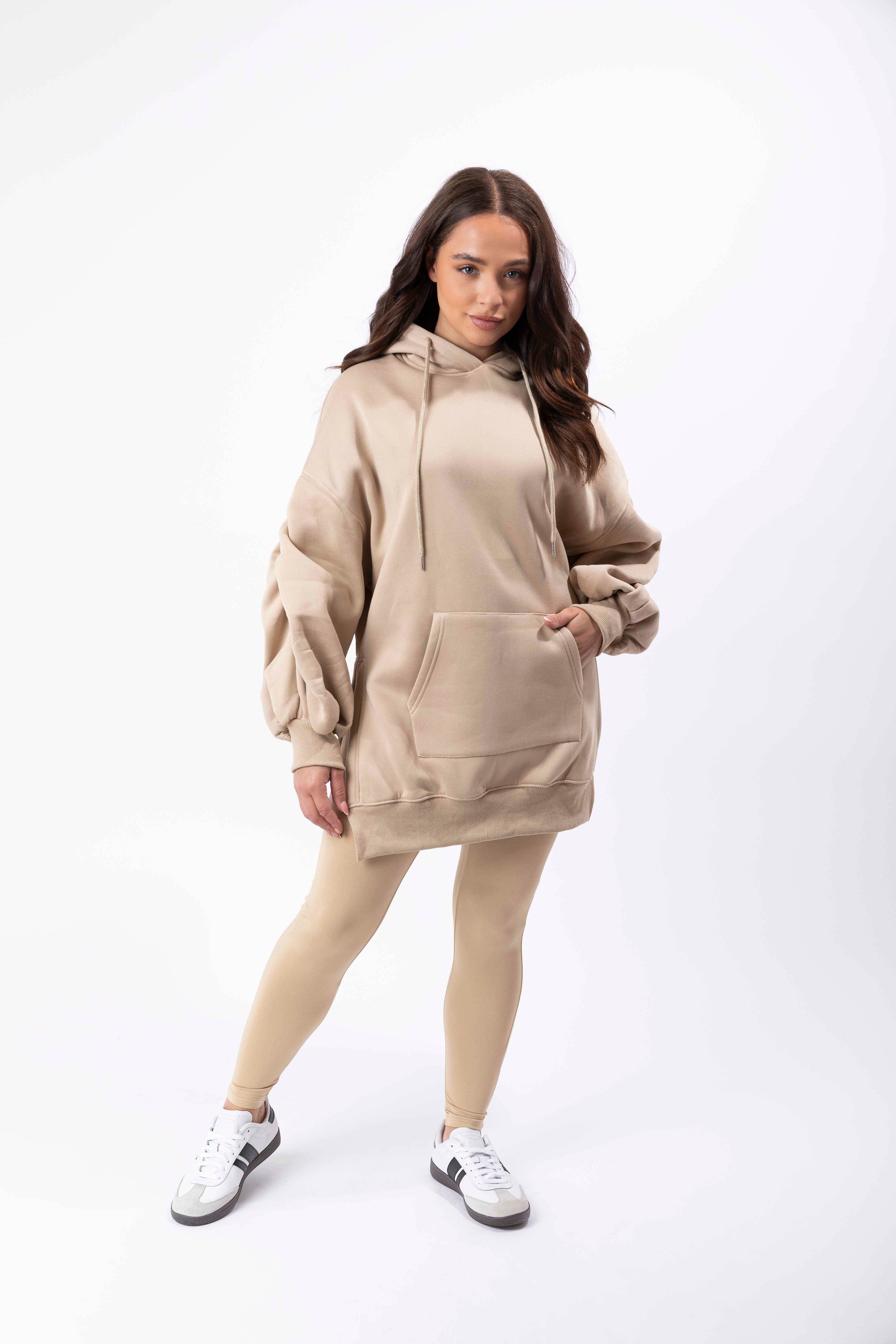 Fleeced Ruched Sleeve Longline Hoodie And Spandex Legging Loungewear Set