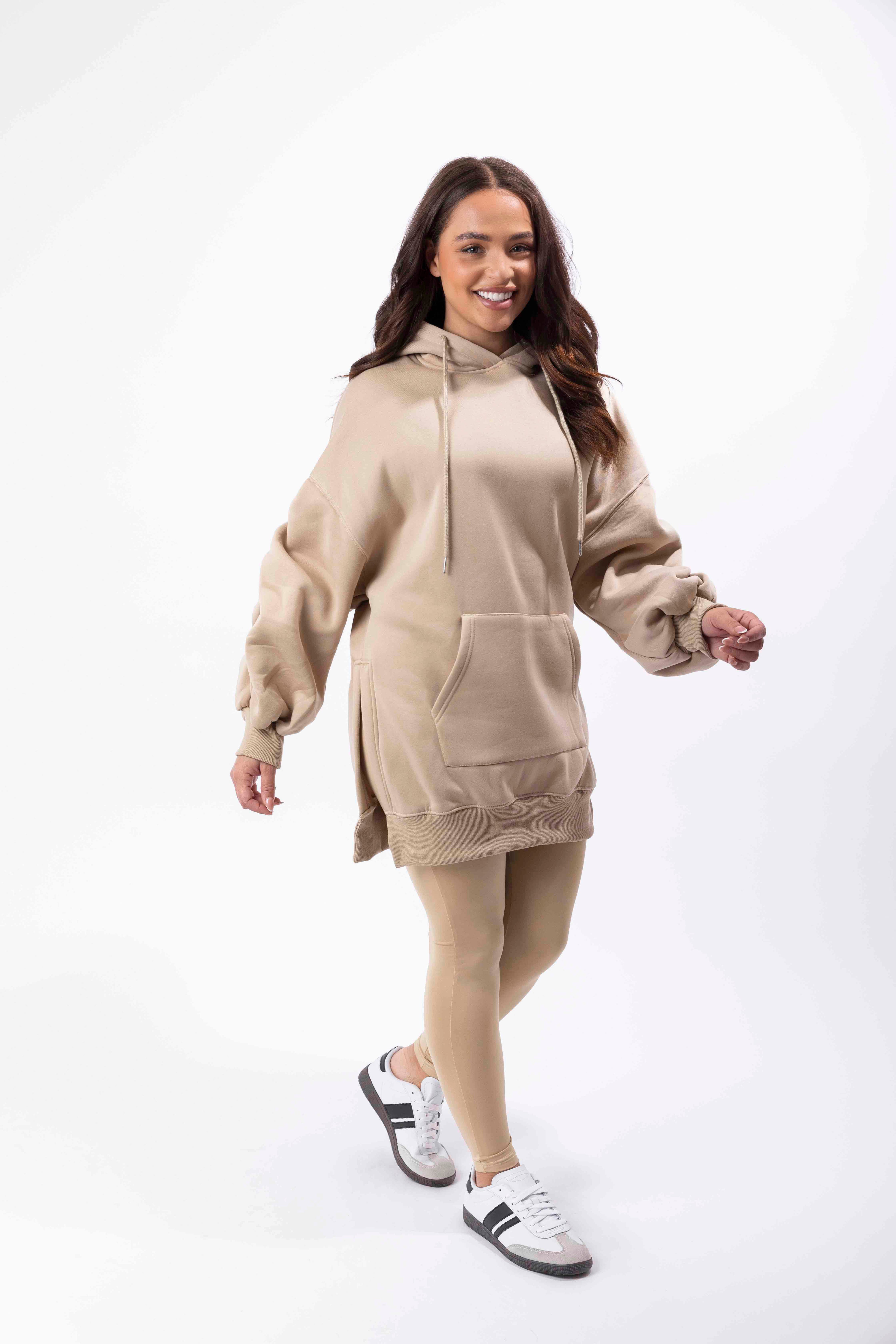 Fleeced Ruched Sleeve Longline Hoodie And Spandex Legging Loungewear Set