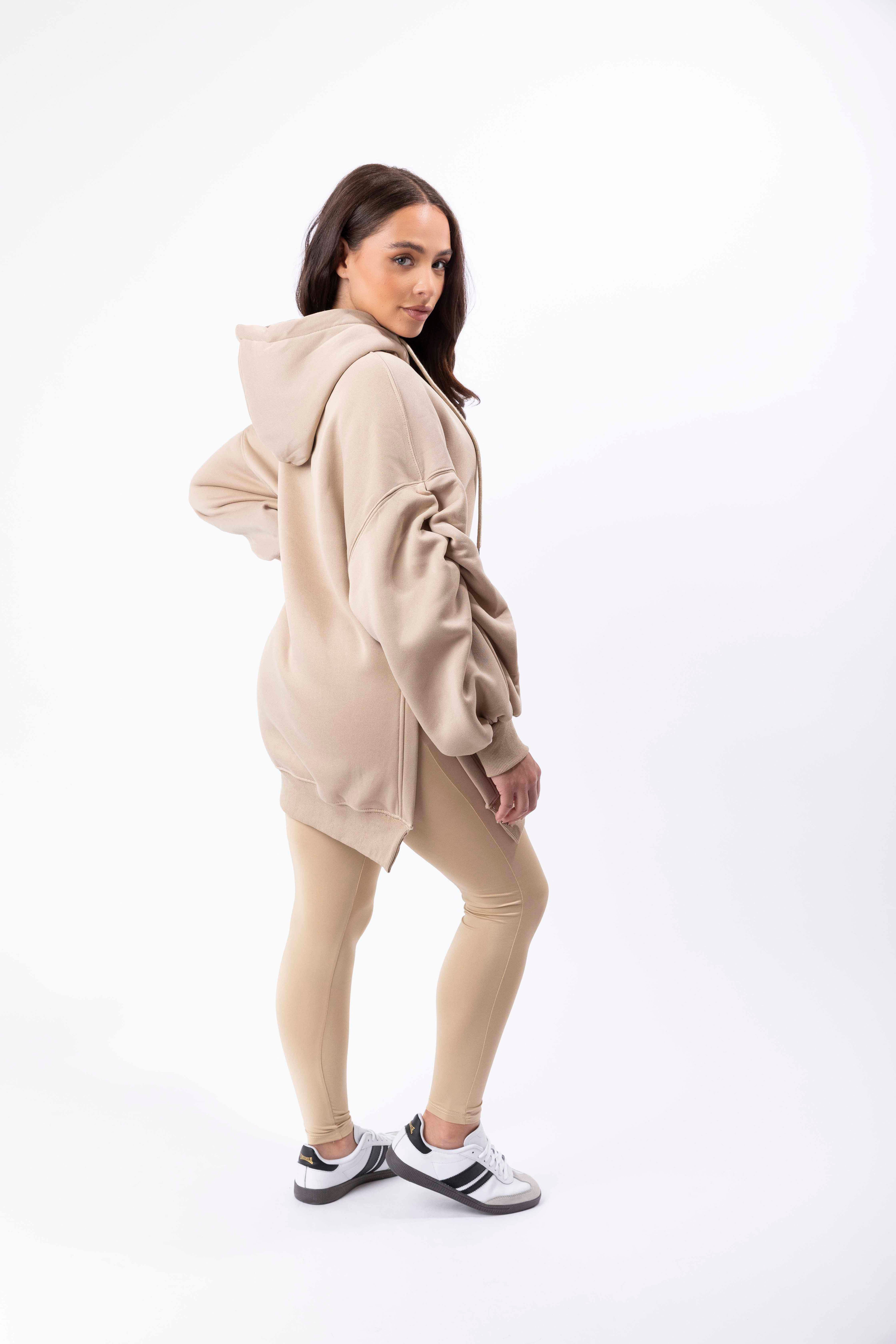 Fleeced Ruched Sleeve Longline Hoodie And Spandex Legging Loungewear Set