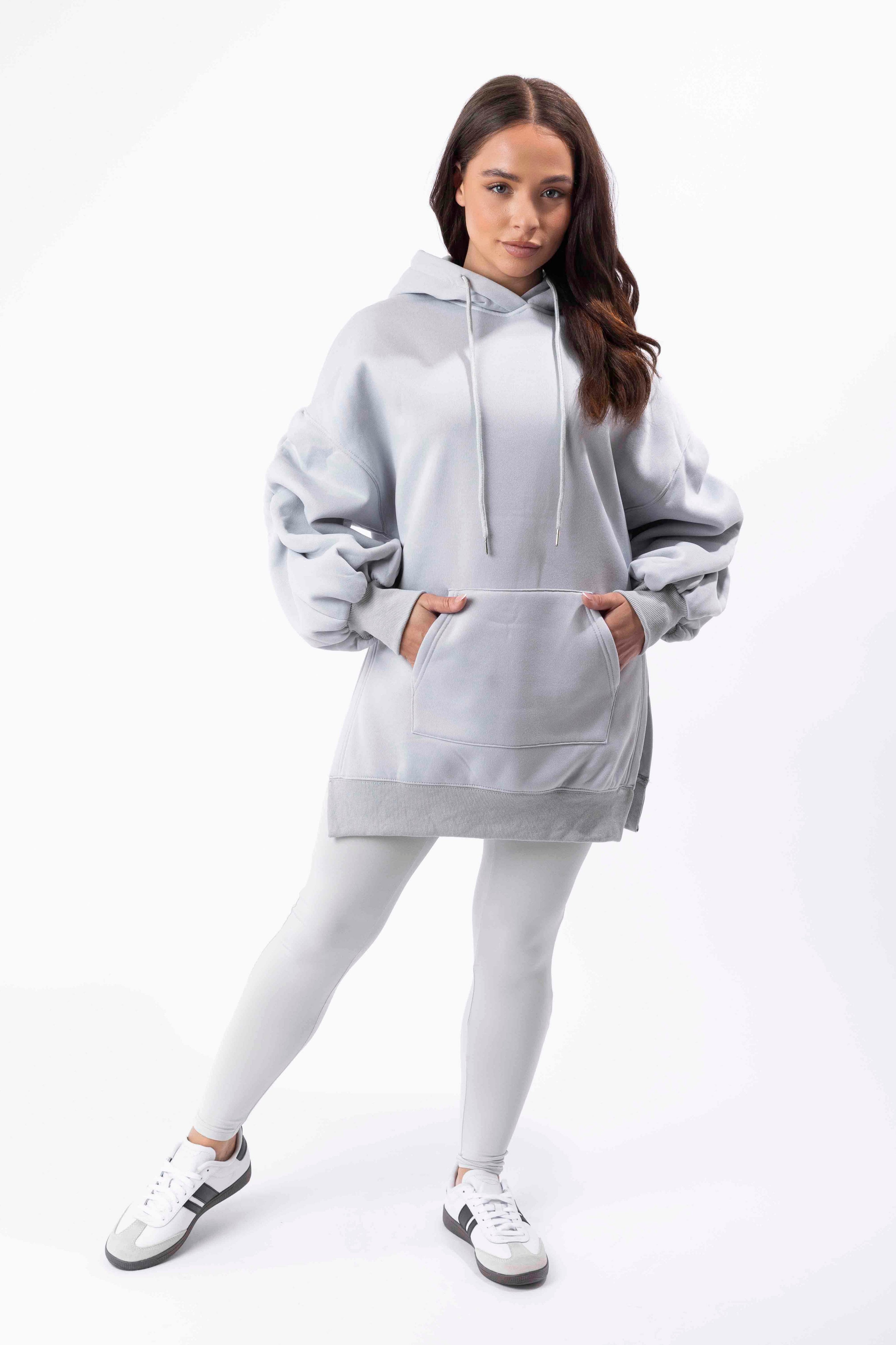 Fleeced Ruched Sleeve Longline Hoodie And Spandex Legging Loungewear Set