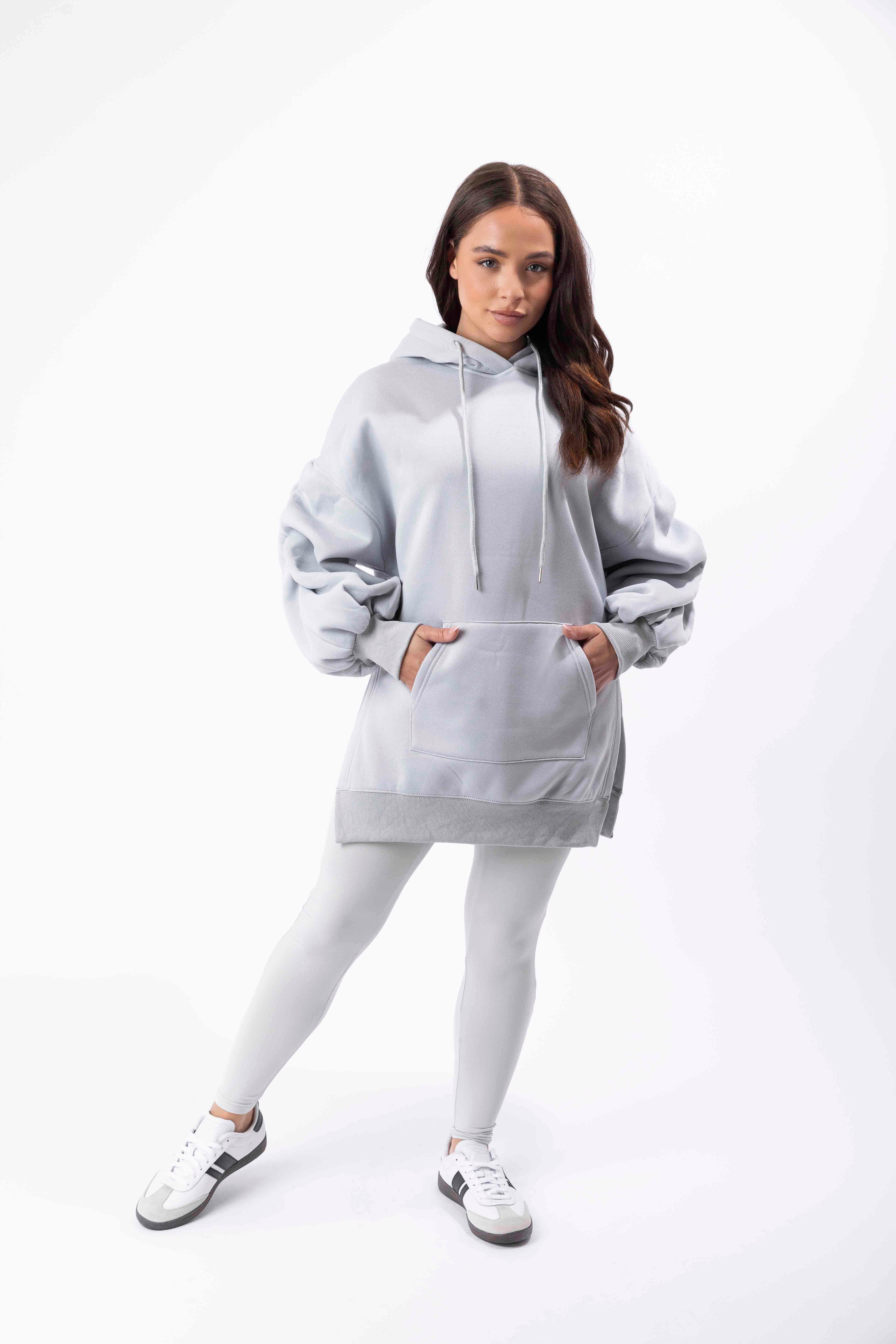 Fleeced Ruched Sleeve Longline Hoodie And Spandex Legging Loungewear Set