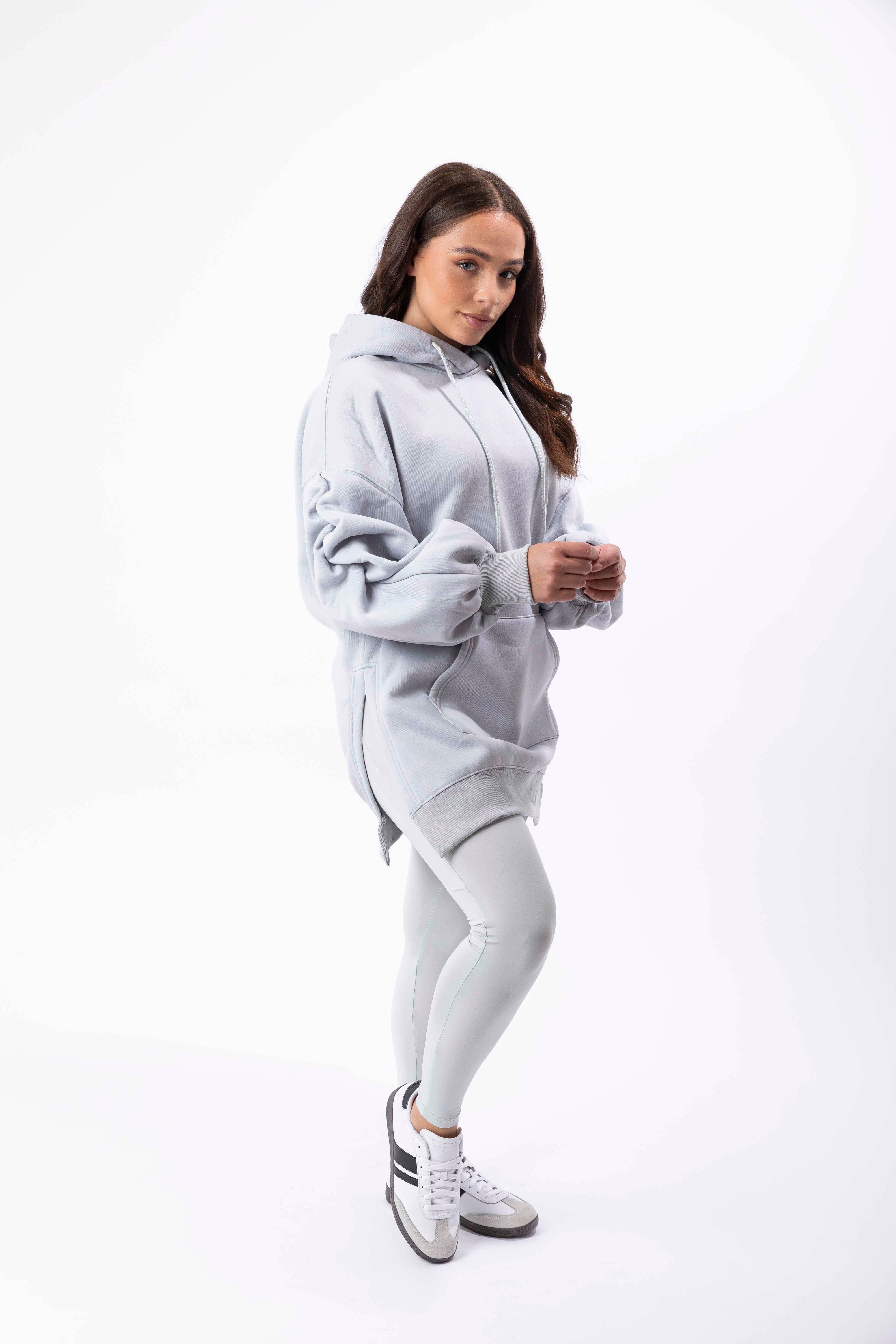 Fleeced Ruched Sleeve Longline Hoodie And Spandex Legging Loungewear Set