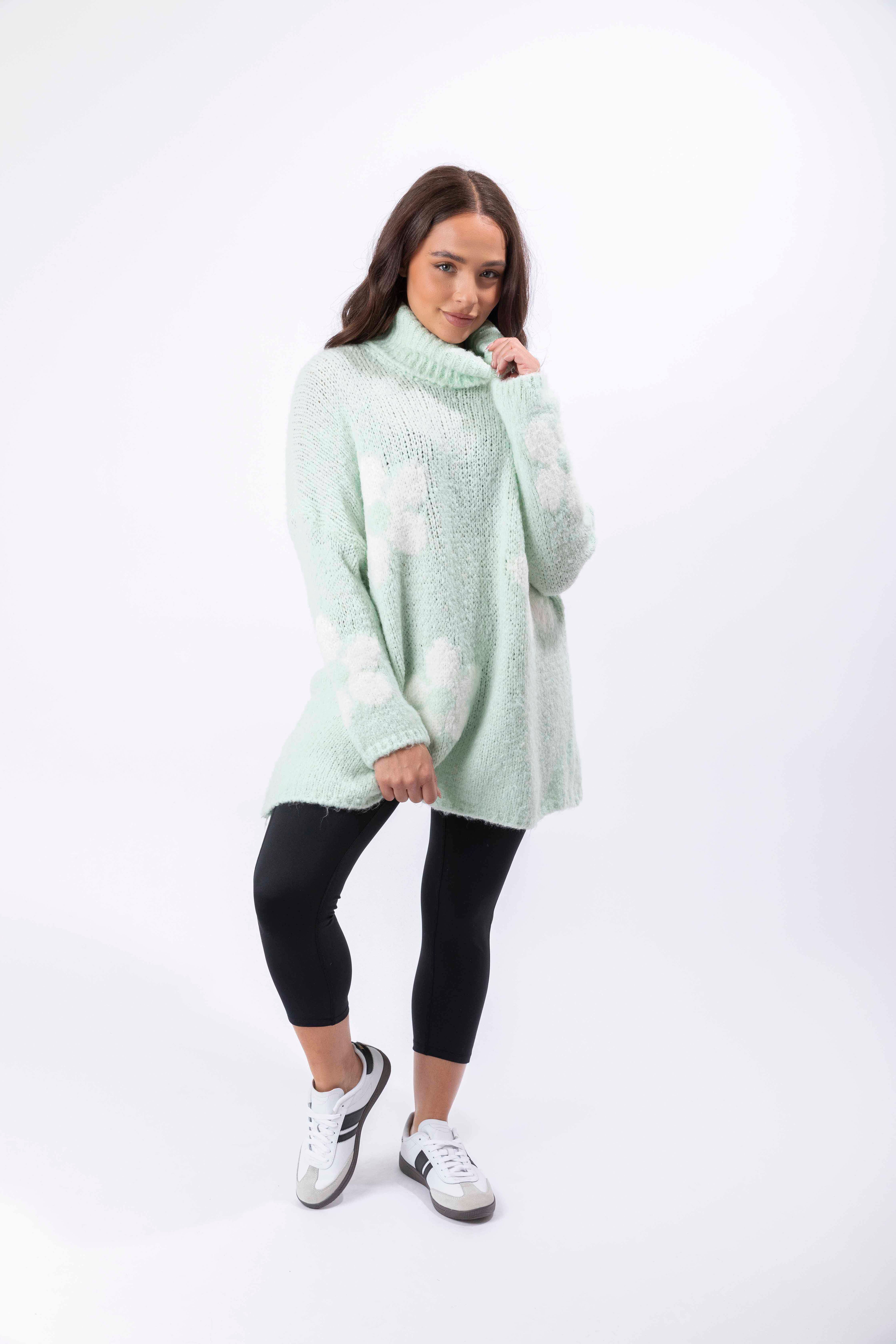 High Neck Super Soft Knit Floral Pattern Pullover