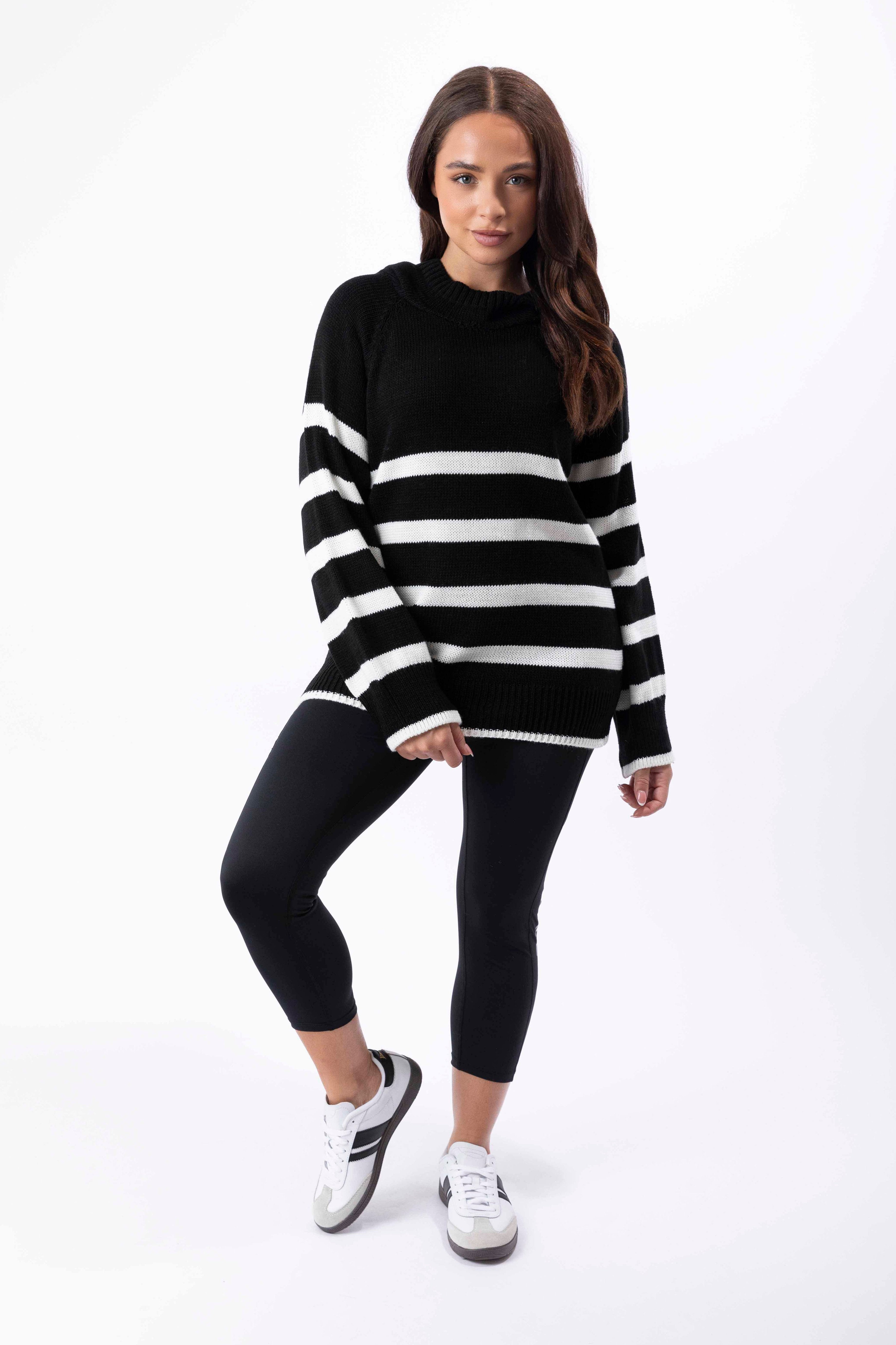 Stripy Knit High Neck Hoodie Jumper