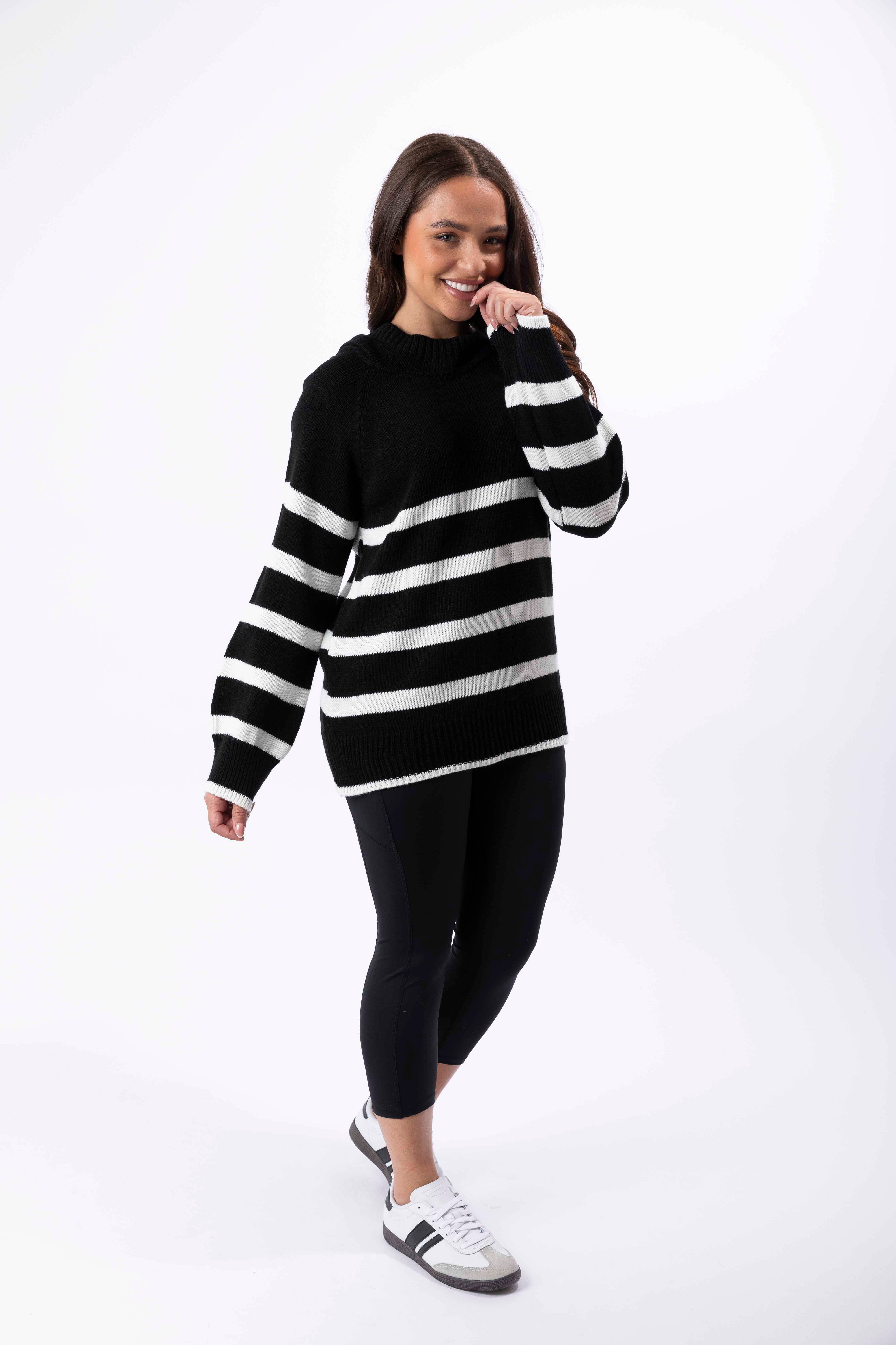 Stripy Knit High Neck Hoodie Jumper