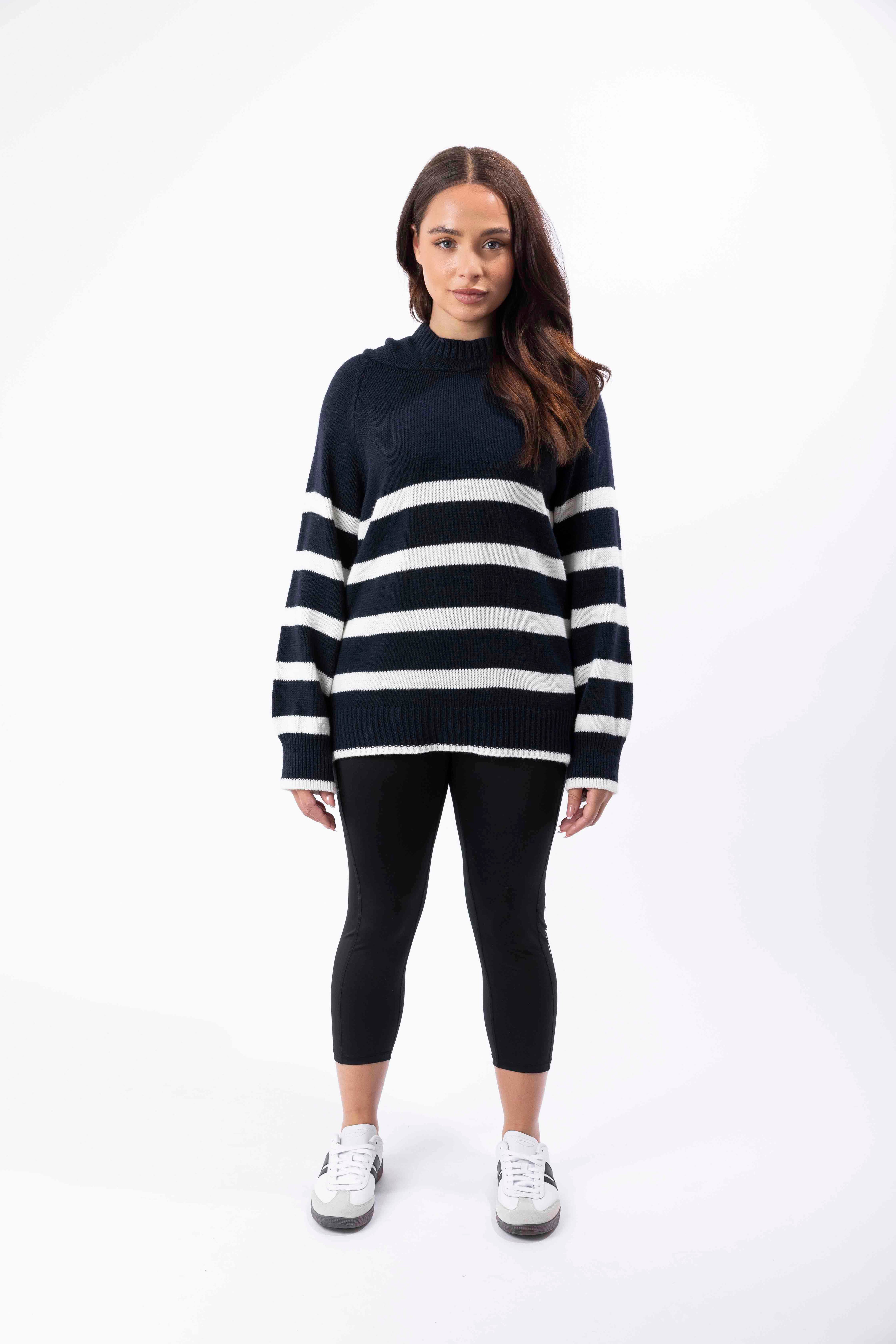 Stripy Knit High Neck Hoodie Jumper