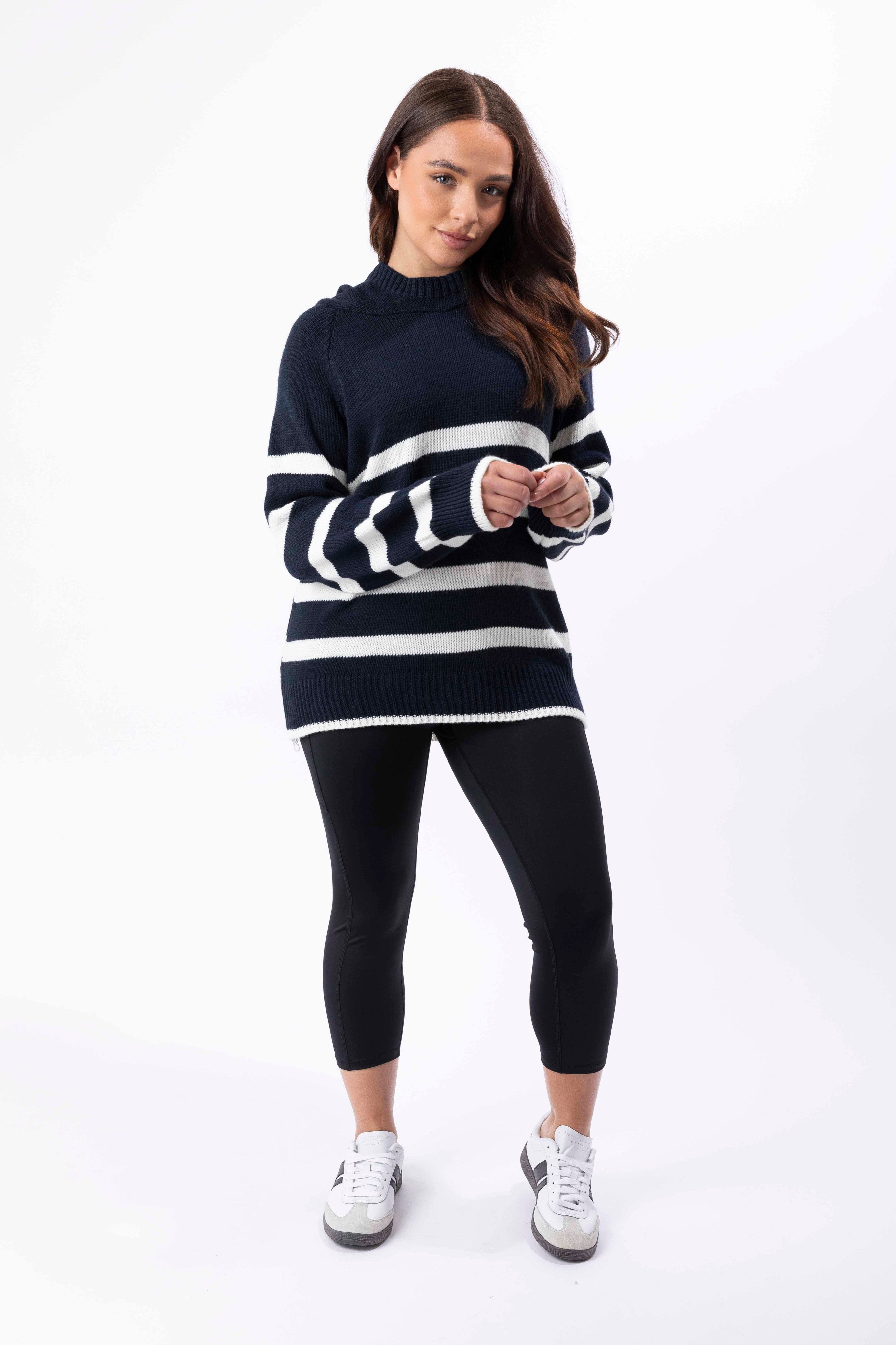 Stripy Knit High Neck Hoodie Jumper